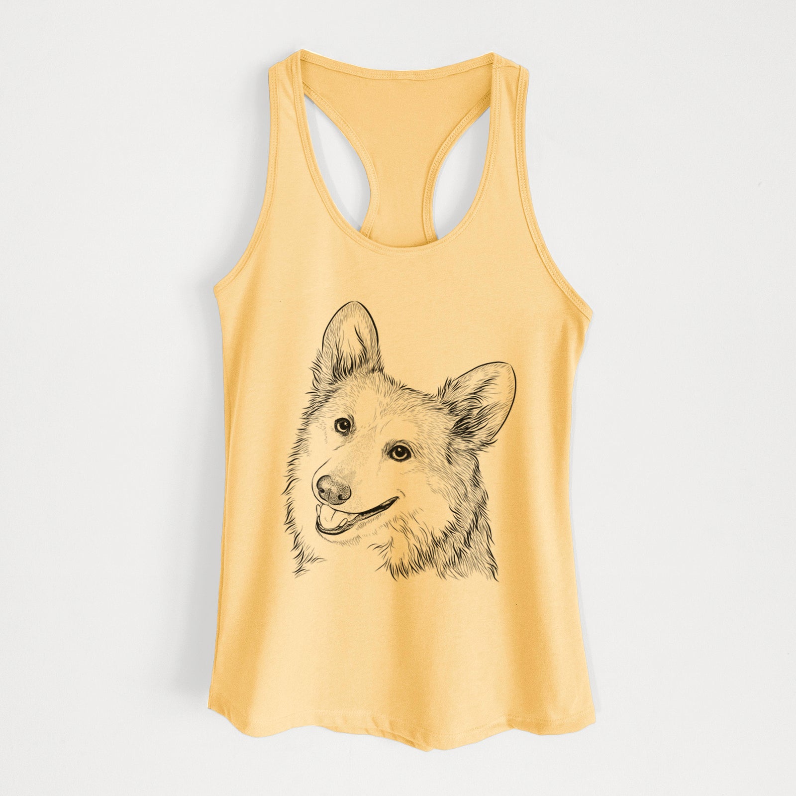Hand-drawn sketch of Scout the Pembroke Welsh Corgi on a Banana Cream Women's racerback tanktop