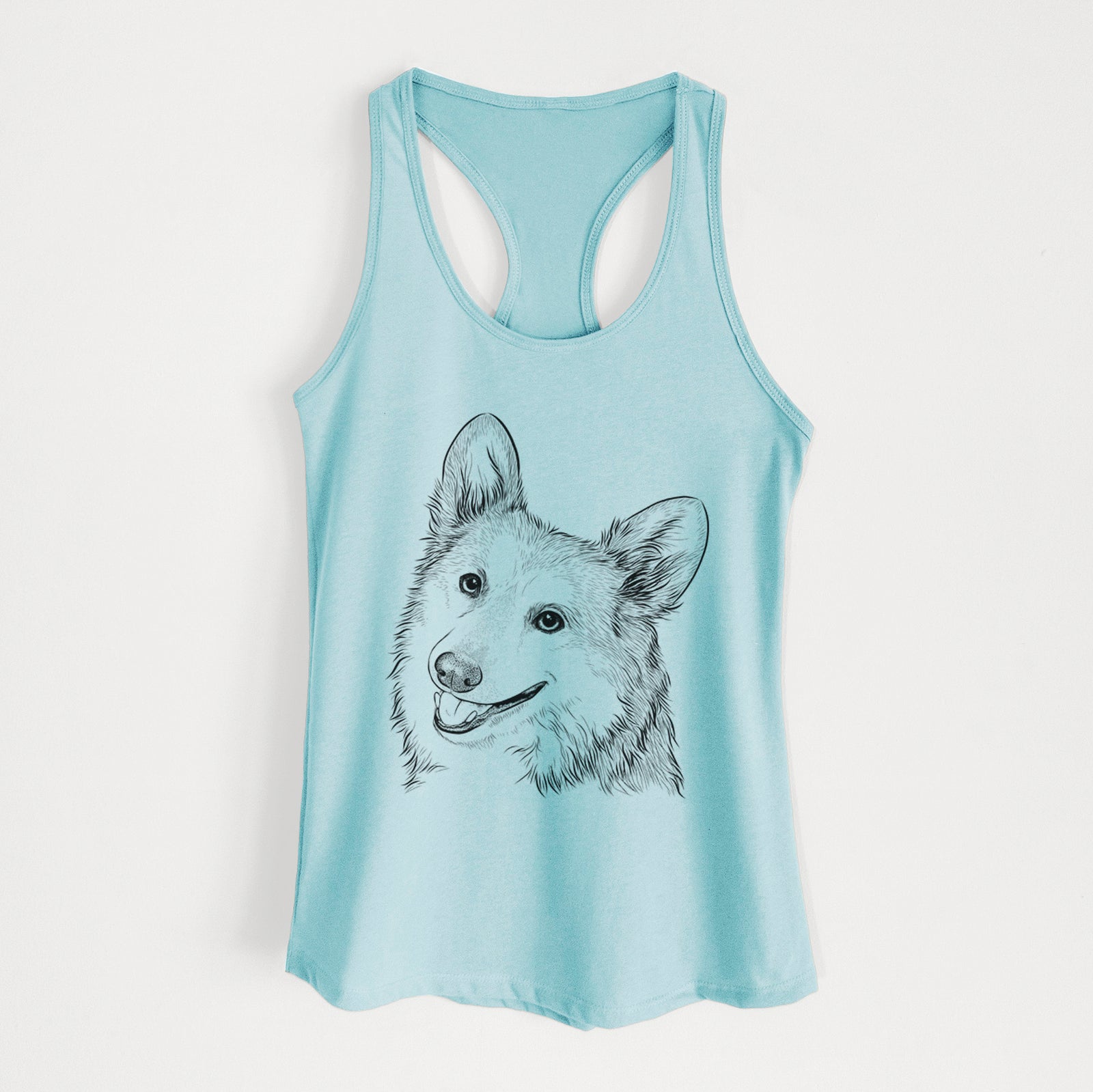 Hand-drawn sketch of Scout the Pembroke Welsh Corgi on a Cancun Blue Women's racerback tanktop