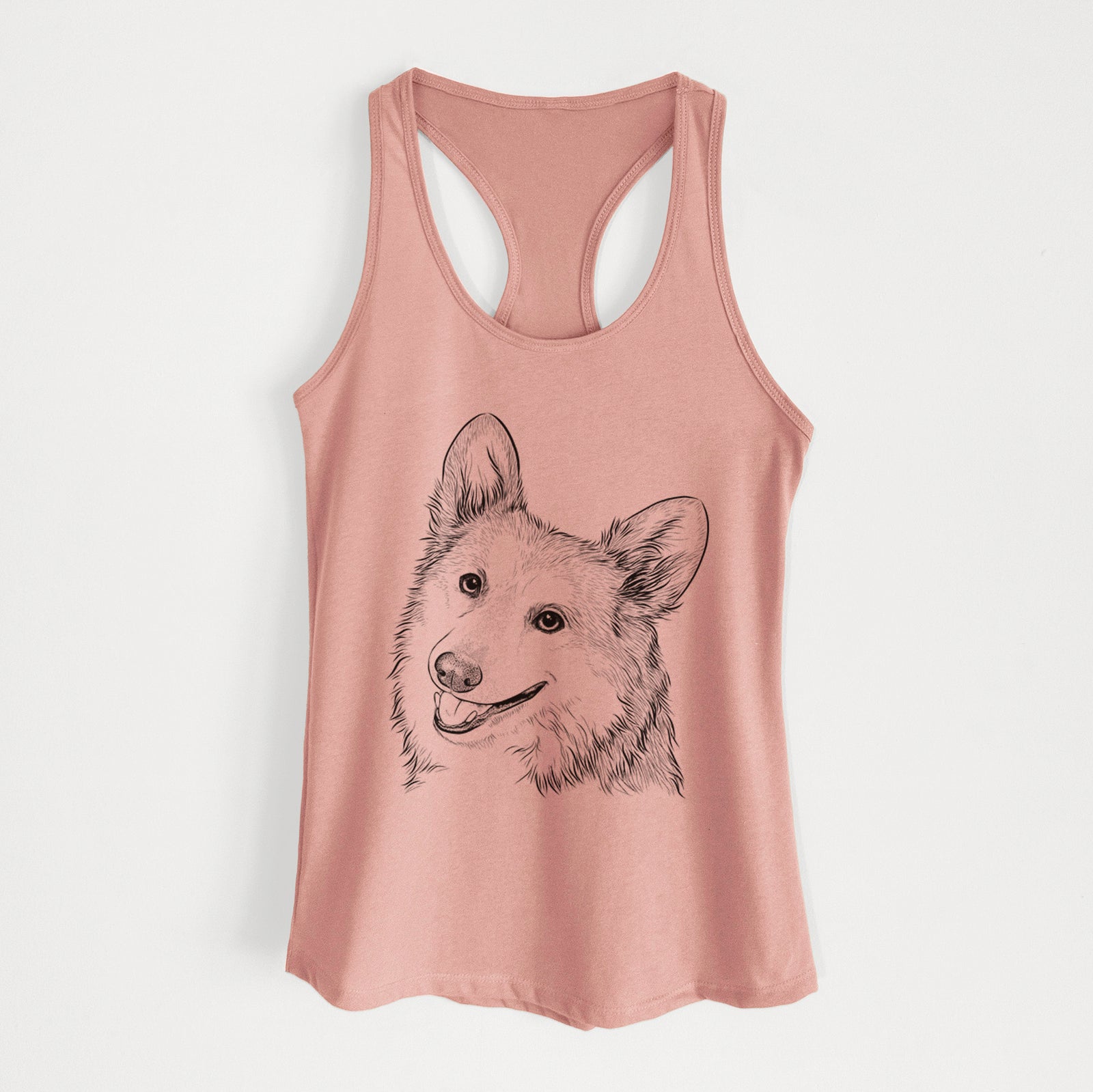 Hand-drawn sketch of Scout the Pembroke Welsh Corgi on a Desert Pink Women's racerback tanktop