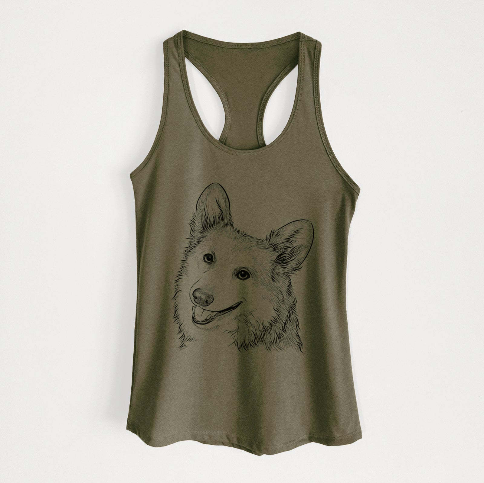 Hand-drawn sketch of Scout the Pembroke Welsh Corgi on a Military Green Women's racerback tanktop