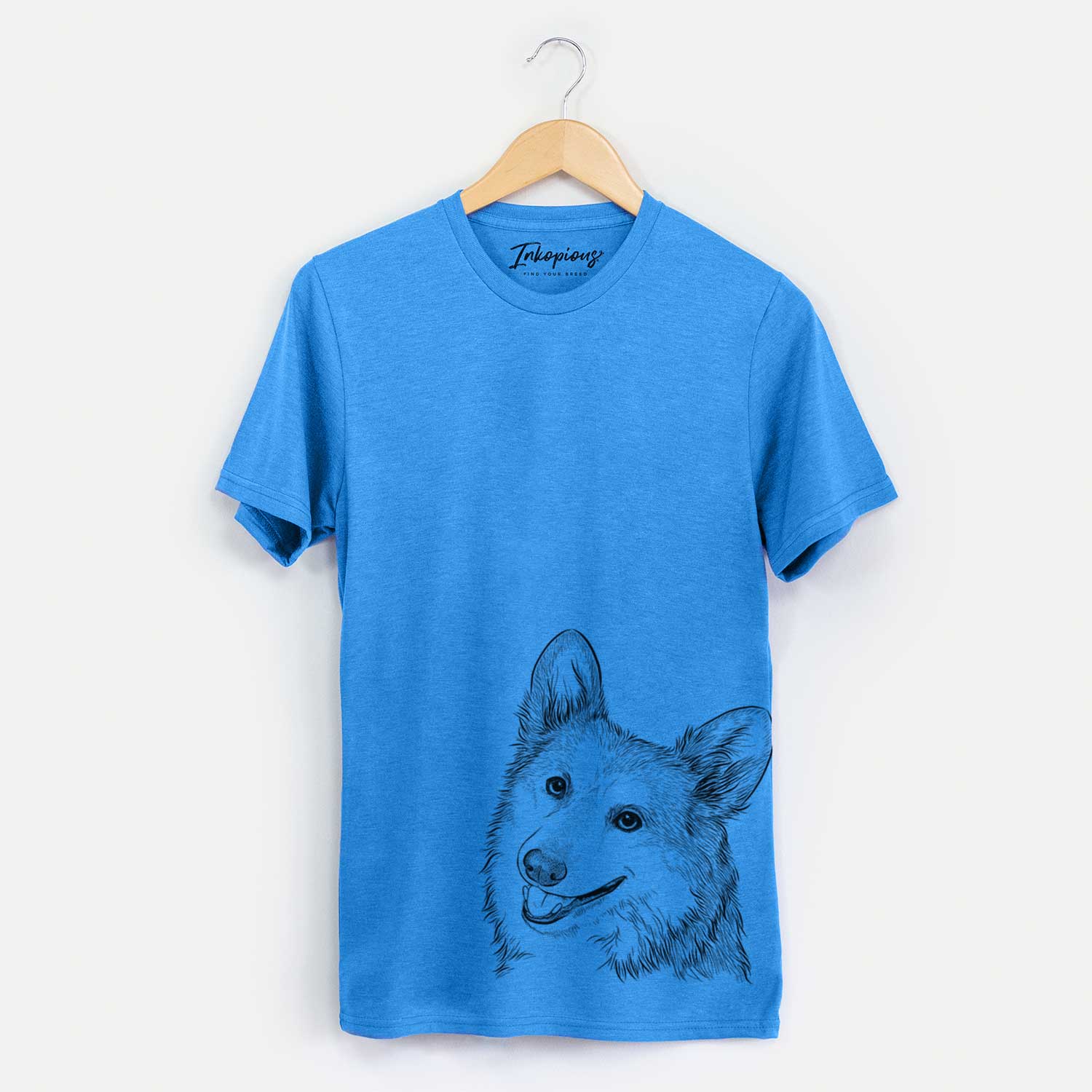 Hand-drawn sketch of Scout the Pembroke Welsh Corgi on a Blue Unisex crewneck