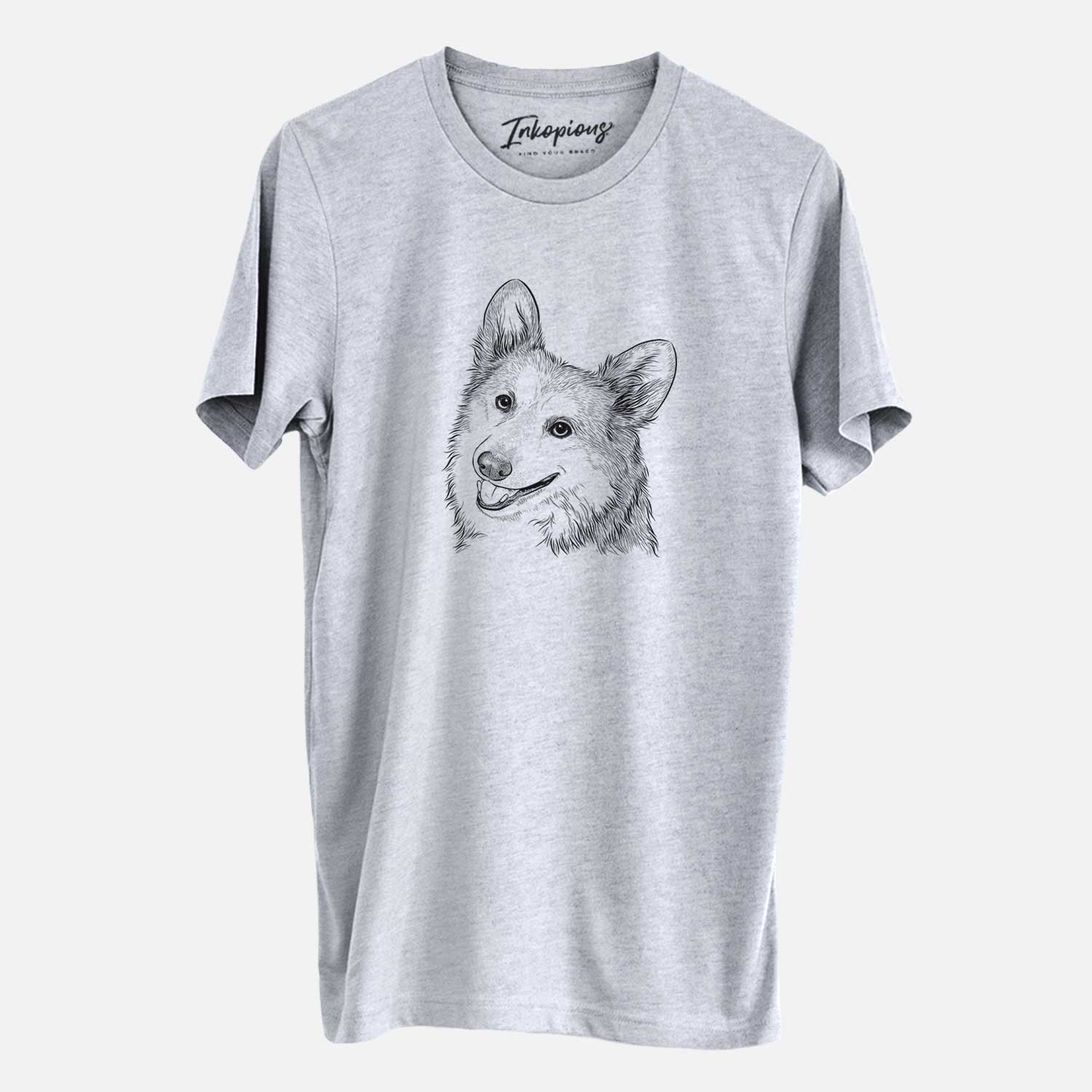 Hand-drawn sketch of Scout the Pembroke Welsh Corgi on a Grey Unisex crewneck