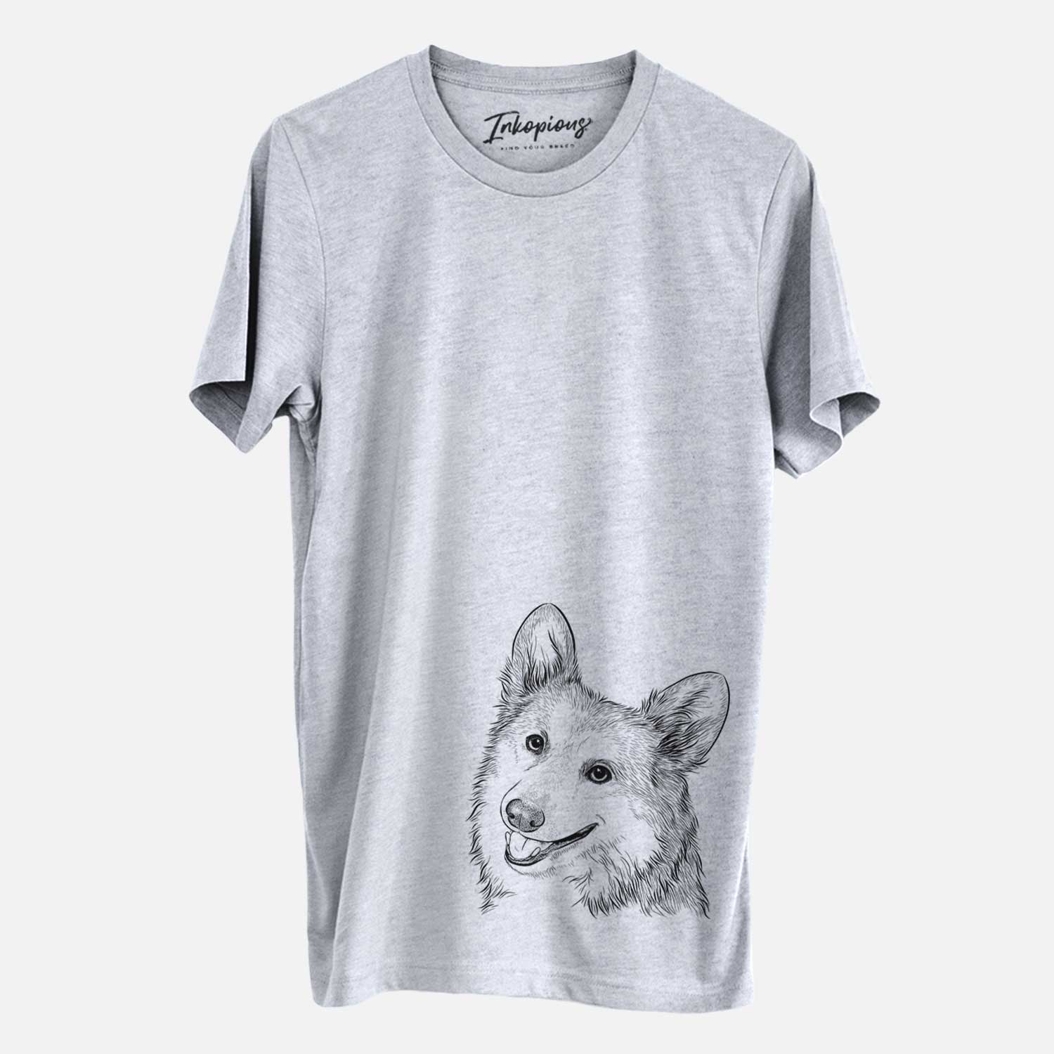 Hand-drawn sketch of Scout the Pembroke Welsh Corgi on a Grey Unisex crewneck