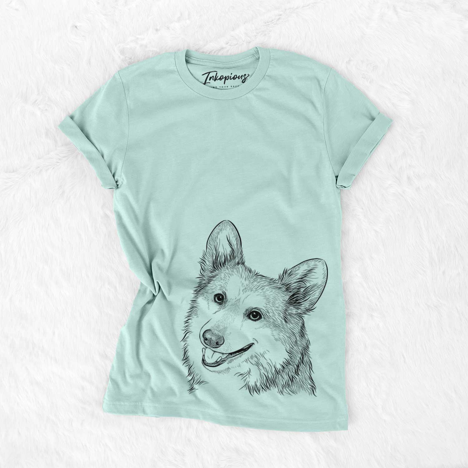Hand-drawn sketch of Scout the Pembroke Welsh Corgi on a Heather Sage Bella Canvas Unisex Crewneck