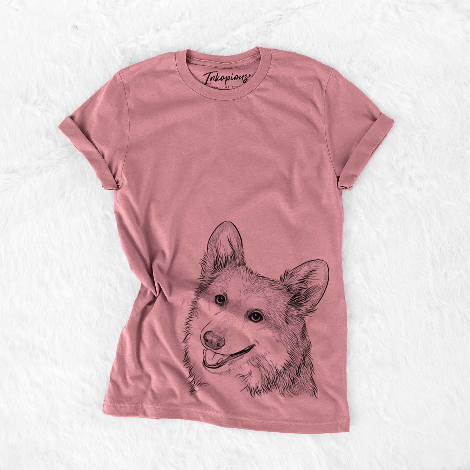 Hand-drawn sketch of Scout the Pembroke Welsh Corgi on a Mauve Bella Canvas Unisex Crewneck