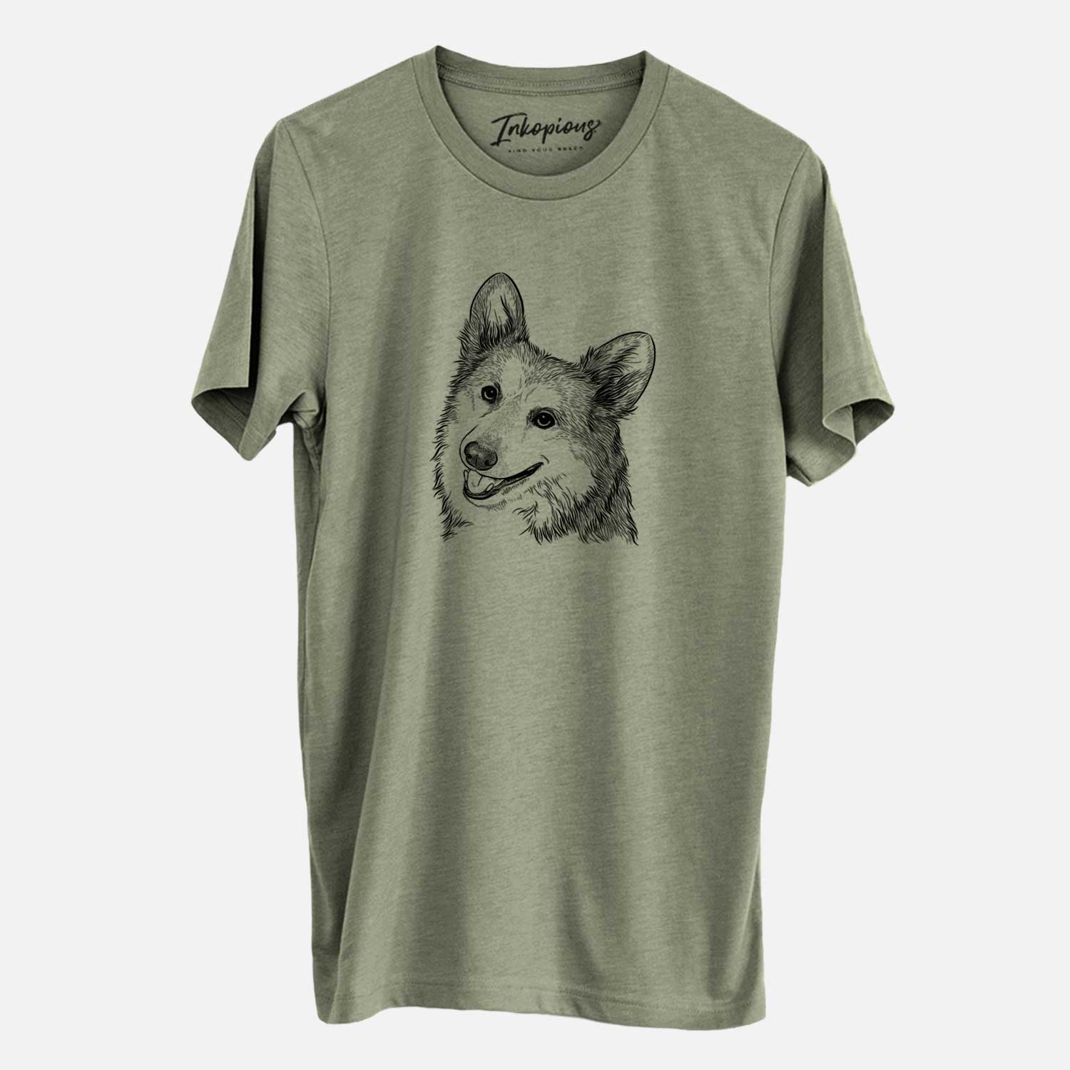 Hand-drawn sketch of Scout the Pembroke Welsh Corgi on an Olive Unisex crewneck