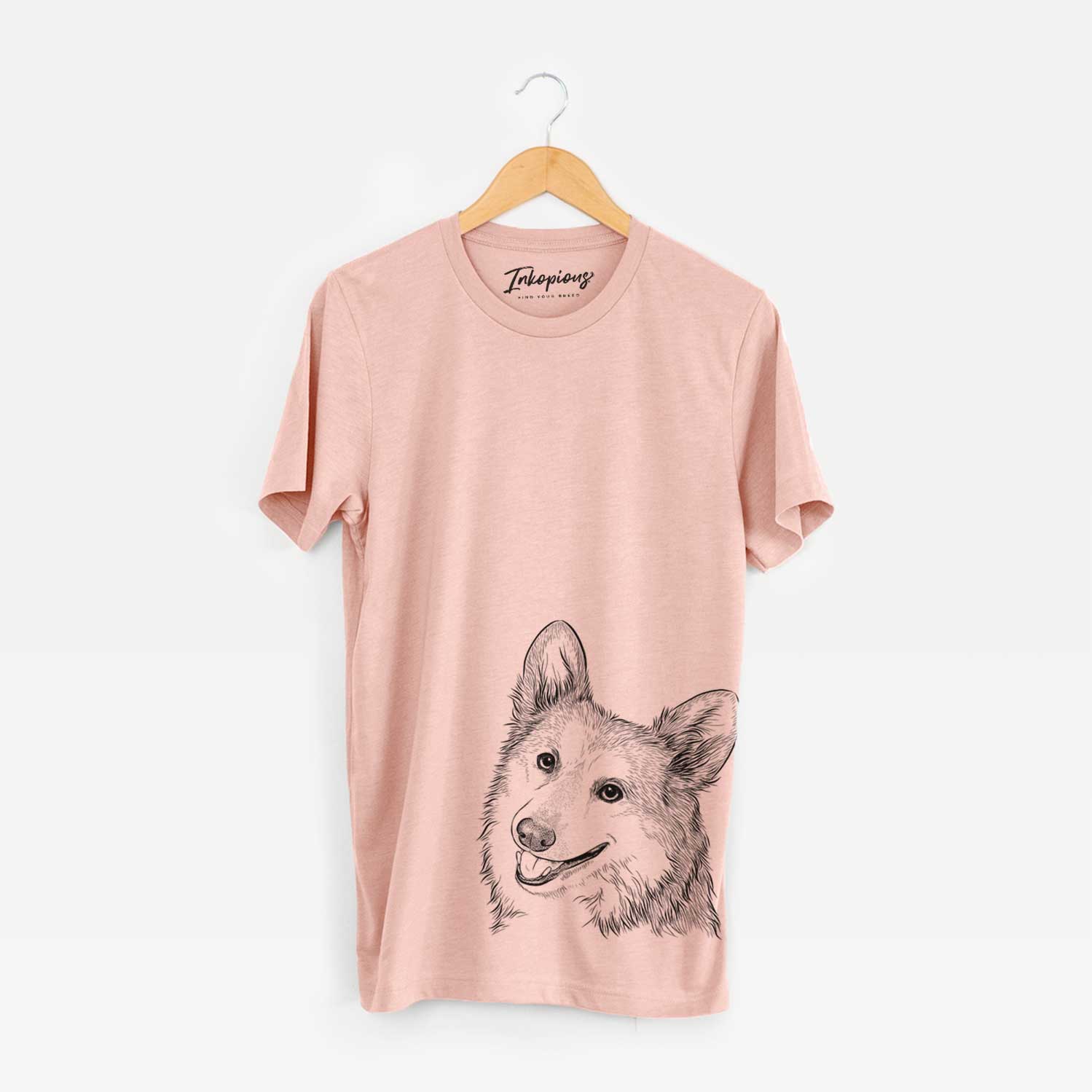 Hand-drawn sketch of Scout the Pembroke Welsh Corgi on a Peach Bella Canvas Unisex Crewneck