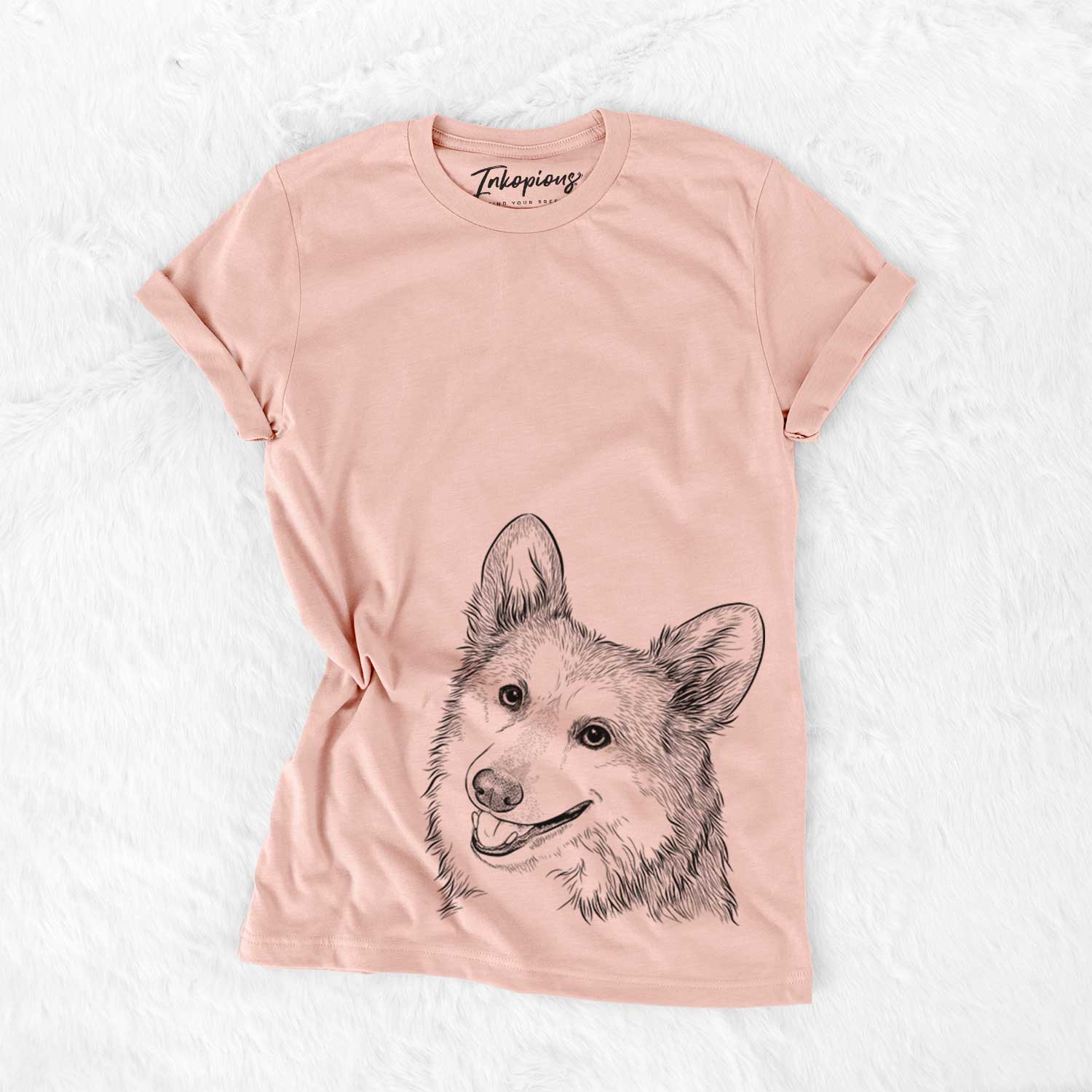 Hand-drawn sketch of Scout the Pembroke Welsh Corgi on a Peach Bella Canvas Unisex Crewneck