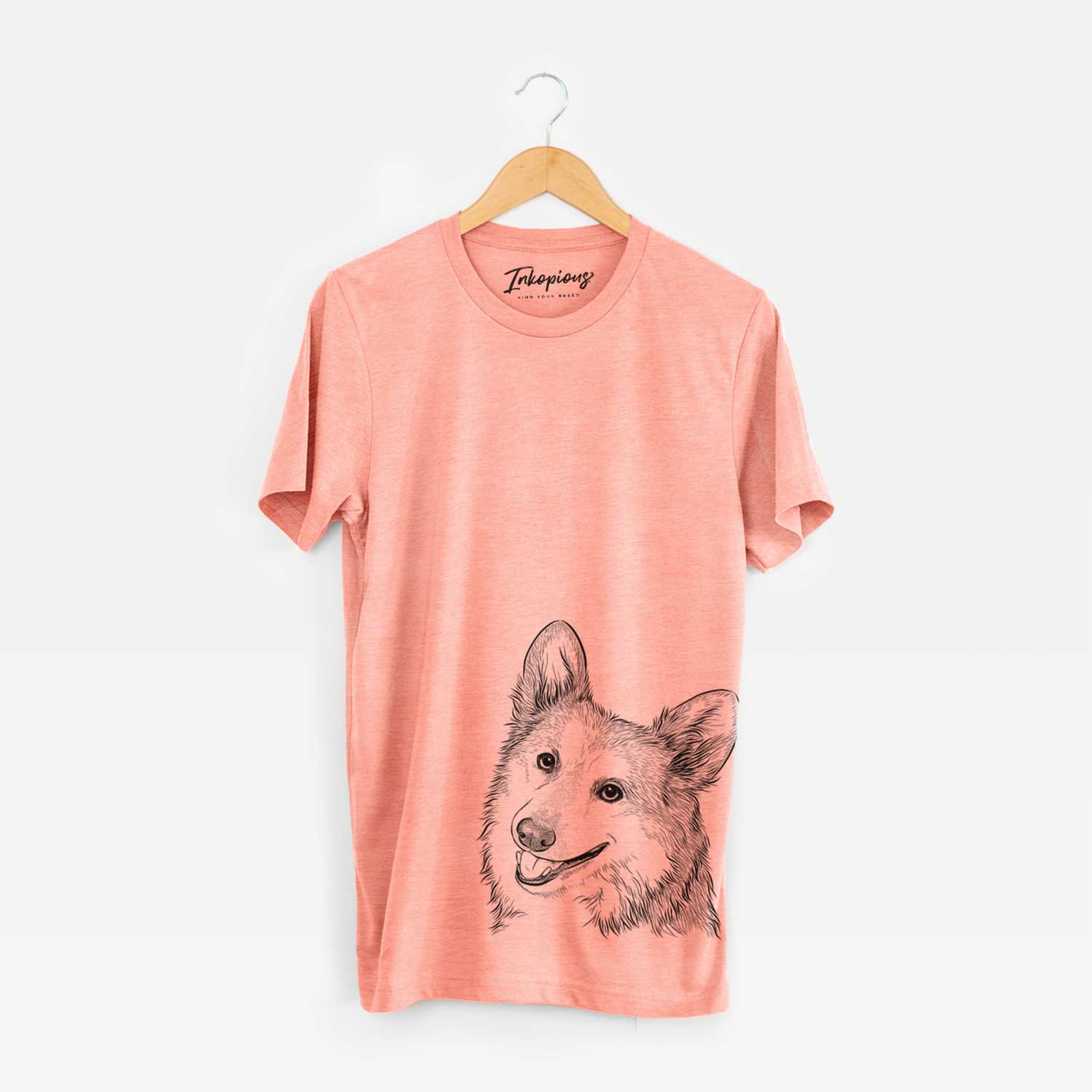 Hand-drawn sketch of Scout the Pembroke Welsh Corgi on a Sunset Bella Canvas Unisex Crewneck