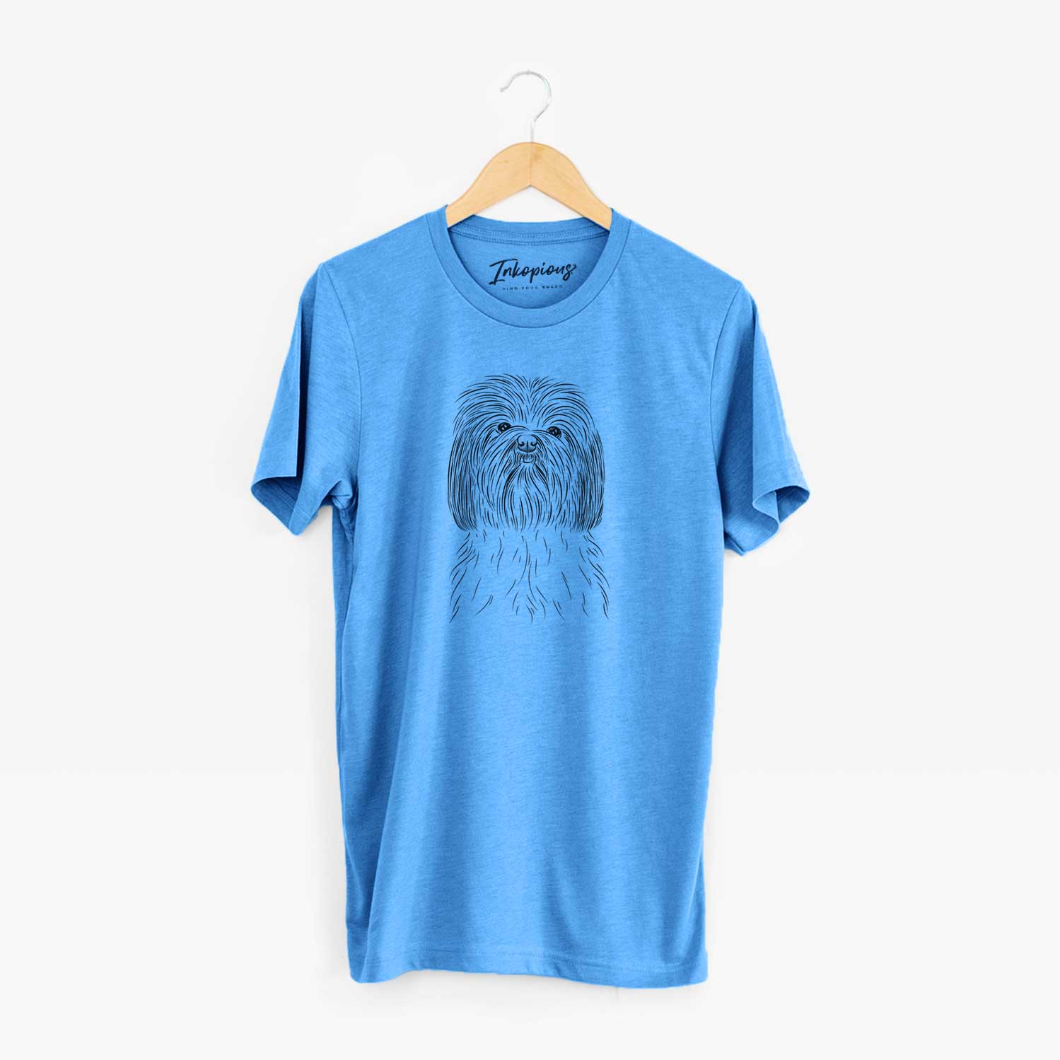 Hand-drawn sketch of Scully the Shih Tzu on a Blue Unisex crewneck