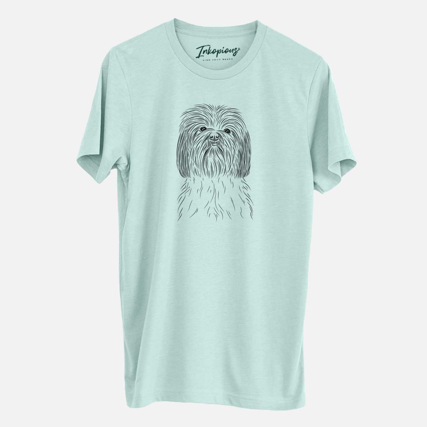 Hand-drawn sketch of Scully the Shih Tzu on a Heather Sage Unisex crewneck