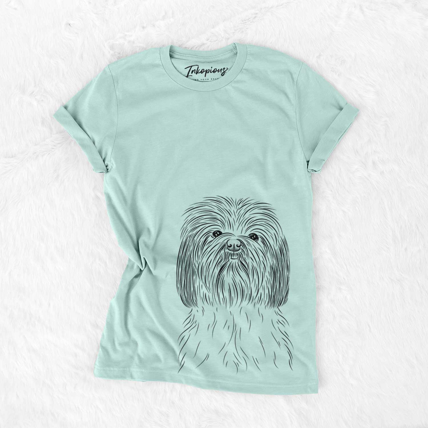 Hand-drawn sketch of Scully the Shih Tzu on a Heather Sage Unisex crewneck