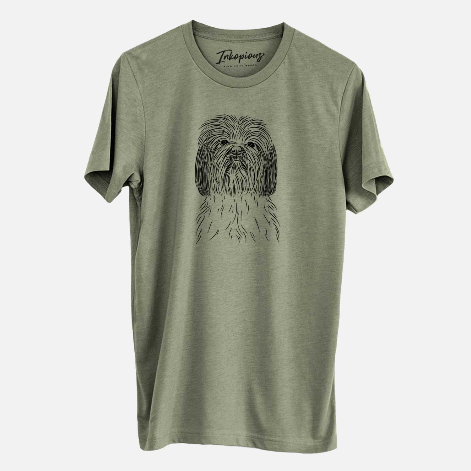 Hand-drawn sketch of Scully the Shih Tzu on an Olive Unisex crewneck