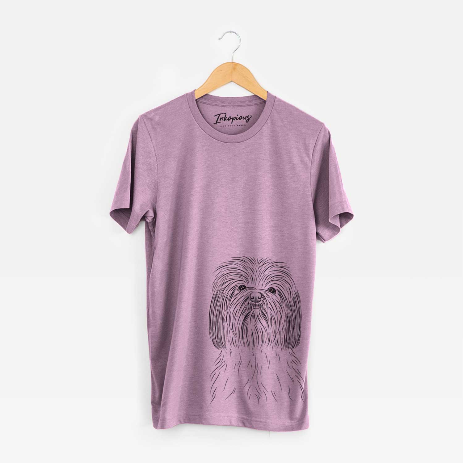 Hand-drawn sketch of Scully the Shih Tzu on an Orchid Unisex crewneck