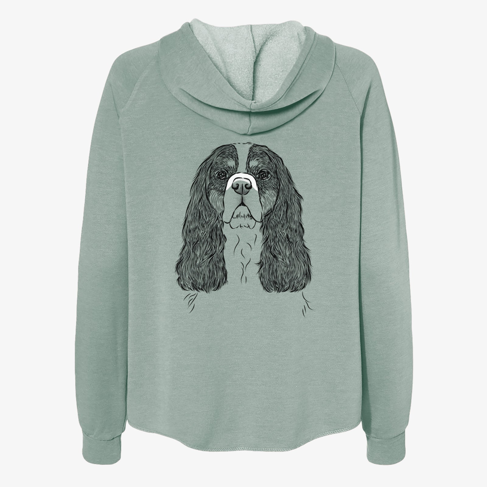 Hand-drawn sketch of Sebastian the Cavalier King Charles Spaniel on a Sage Women's cali wave zip-up sweatshirt