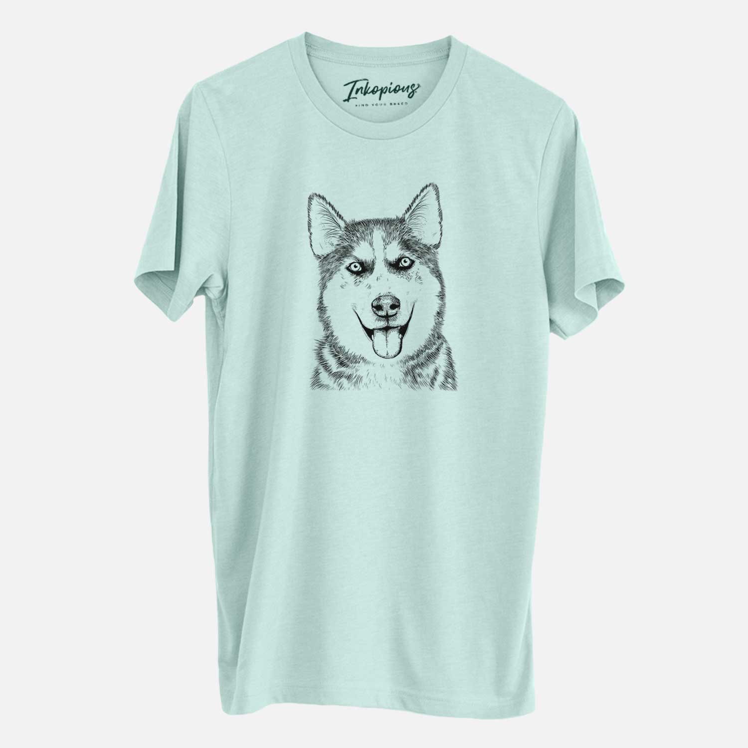 Hand-drawn sketch of Sesi the Siberian Husky on a Heather Sage Unisex crewneck