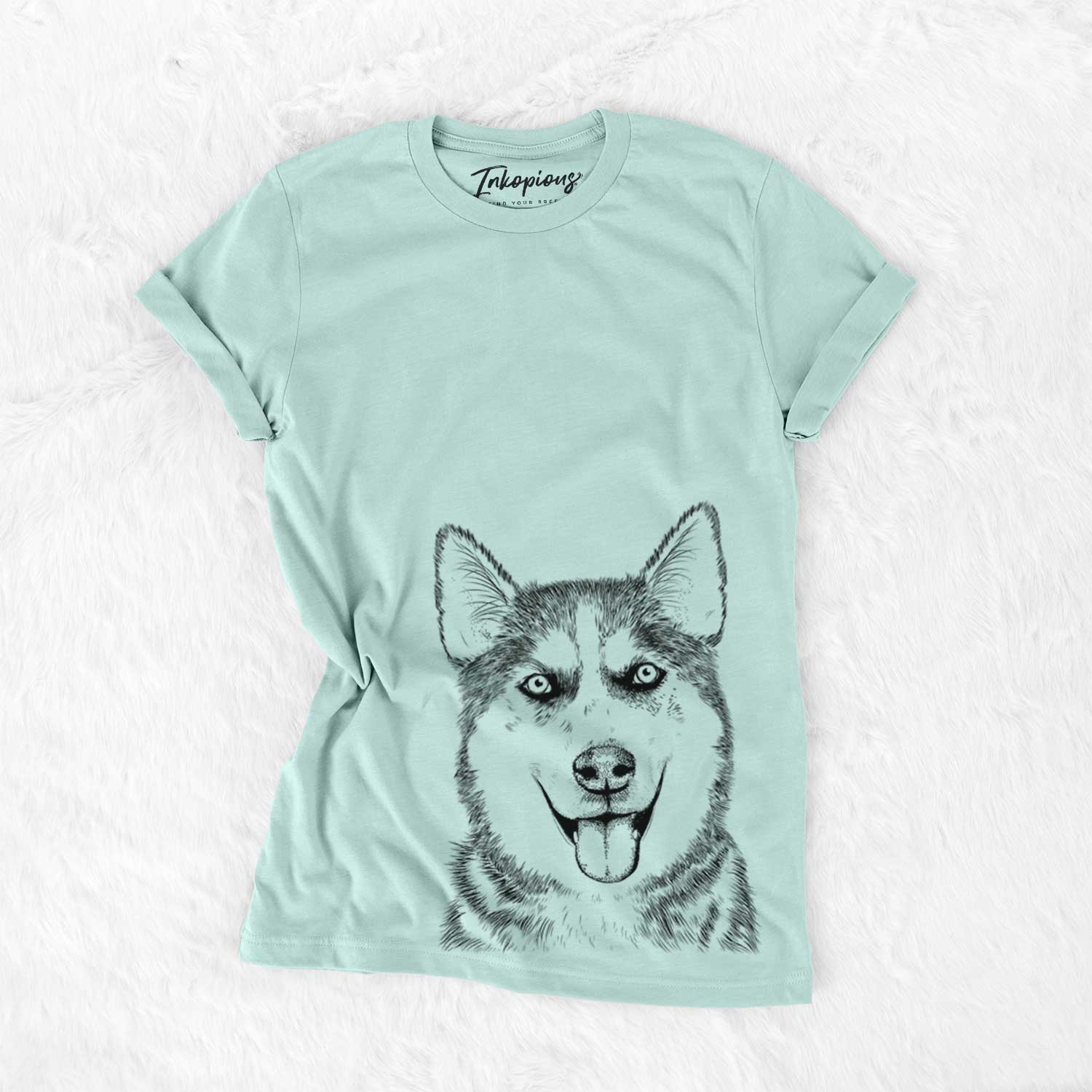 Hand-drawn sketch of Sesi the Siberian Husky on a Heather Sage Unisex crewneck