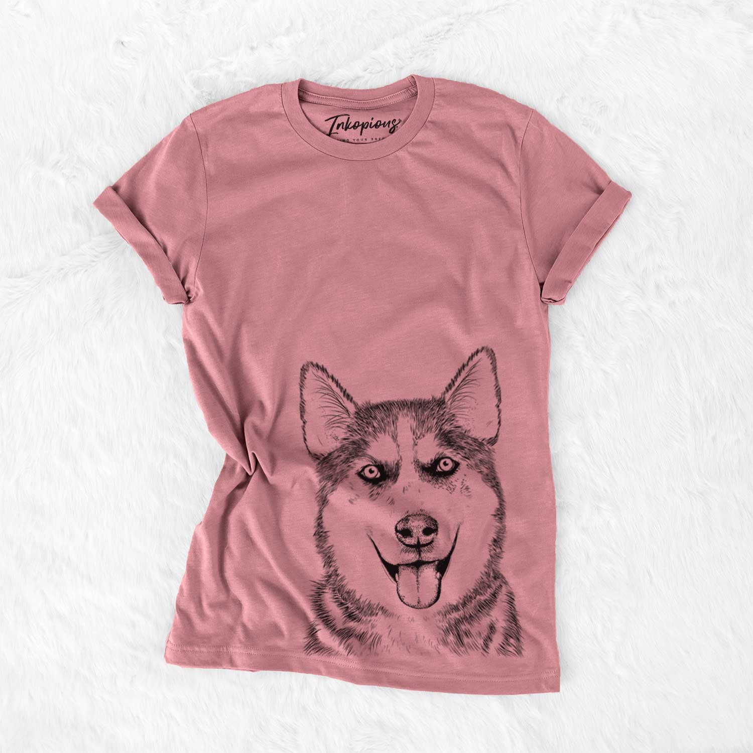 Hand-drawn sketch of Sesi the Siberian Husky on a Mauve Unisex crewneck