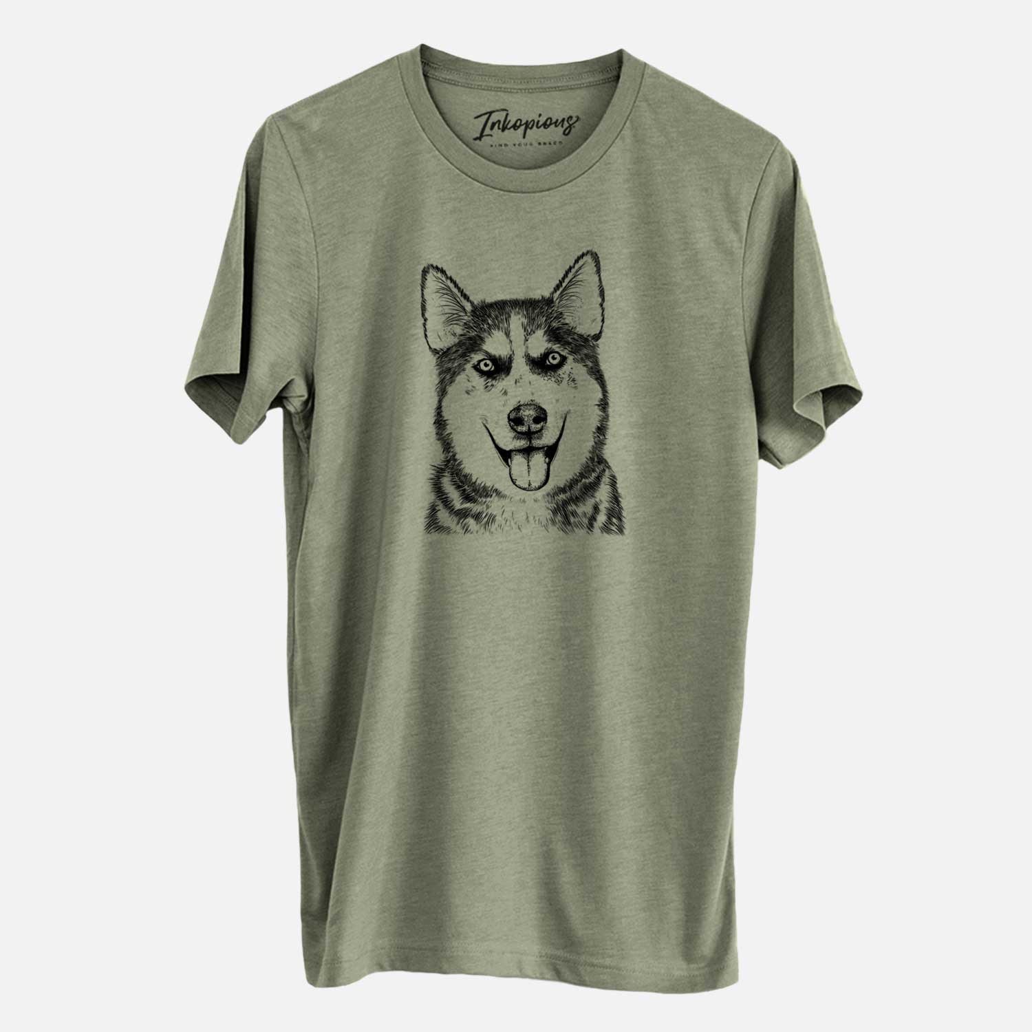 Hand-drawn sketch of Sesi the Siberian Husky on an Olive Unisex crewneck