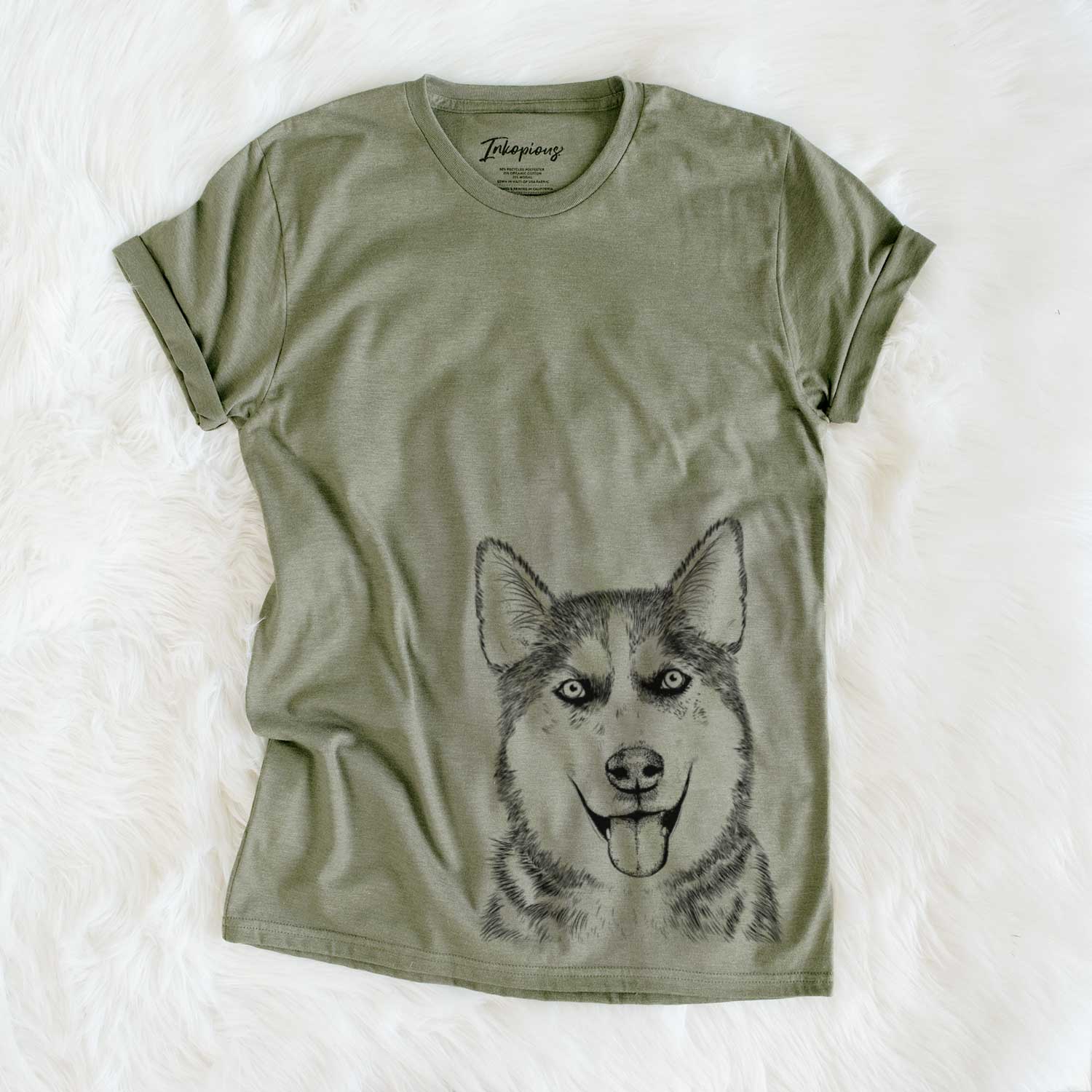 Hand-drawn sketch of Sesi the Siberian Husky on an Olive Unisex crewneck