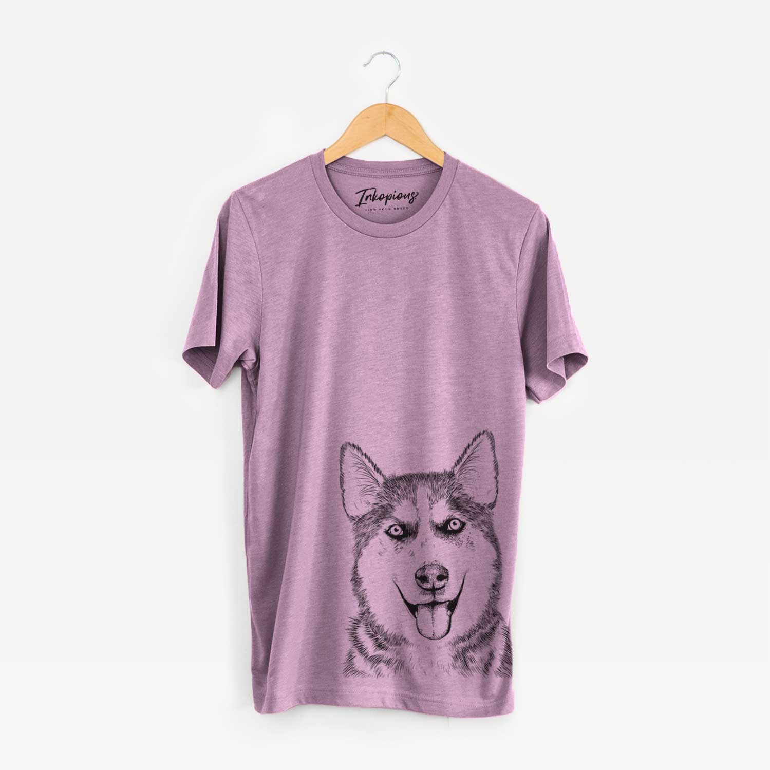 Hand-drawn sketch of Sesi the Siberian Husky on an Orchid Unisex crewneck