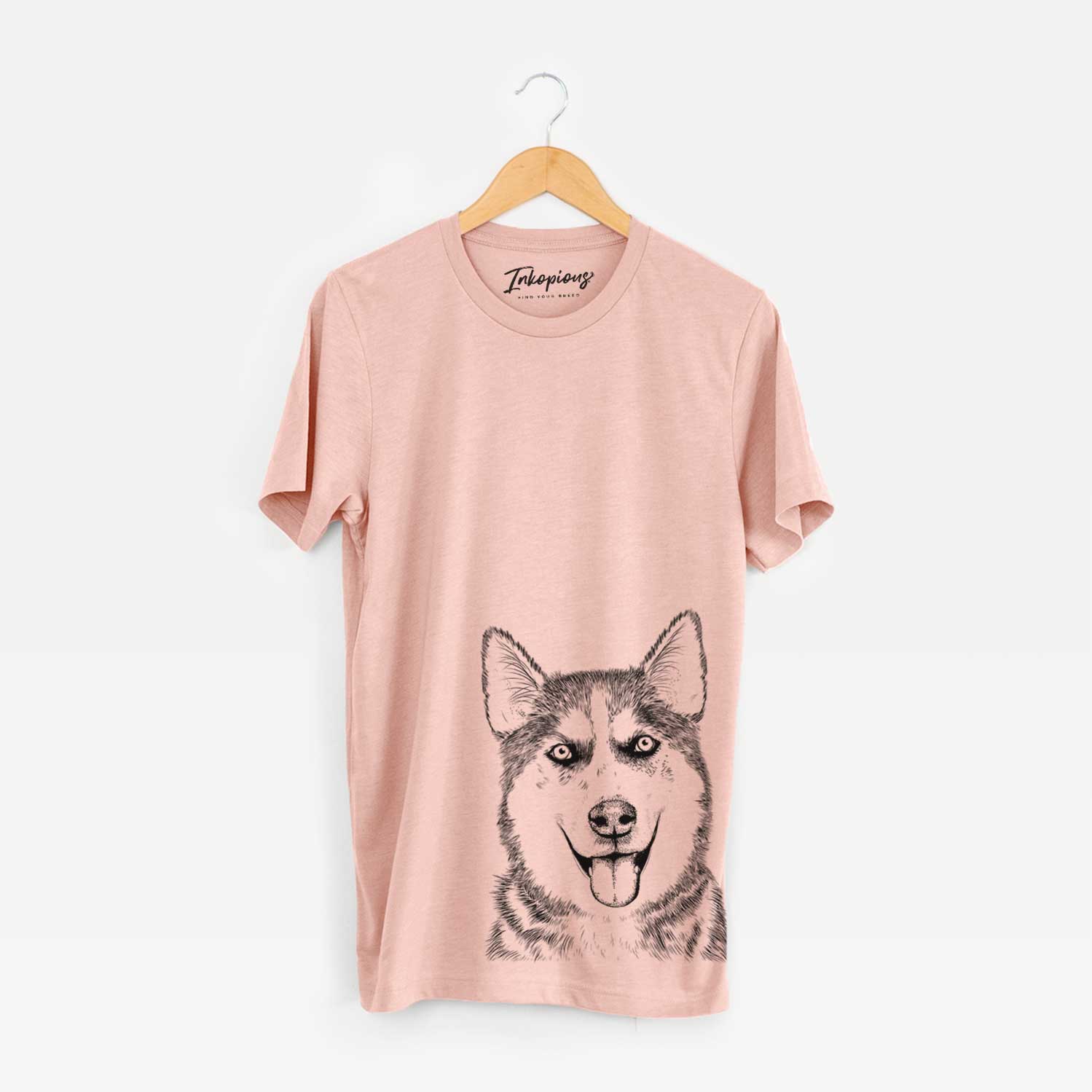 Hand-drawn sketch of Sesi the Siberian Husky on a Peach Unisex crewneck