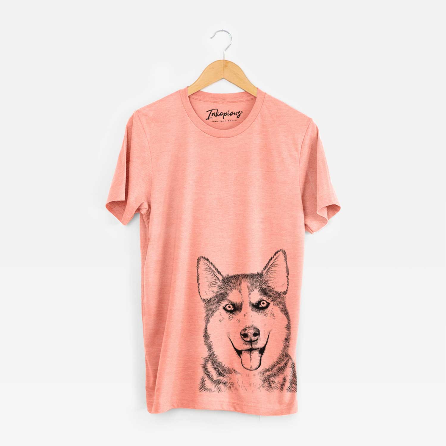 Hand-drawn sketch of Sesi the Siberian Husky on a Sunset Unisex crewneck