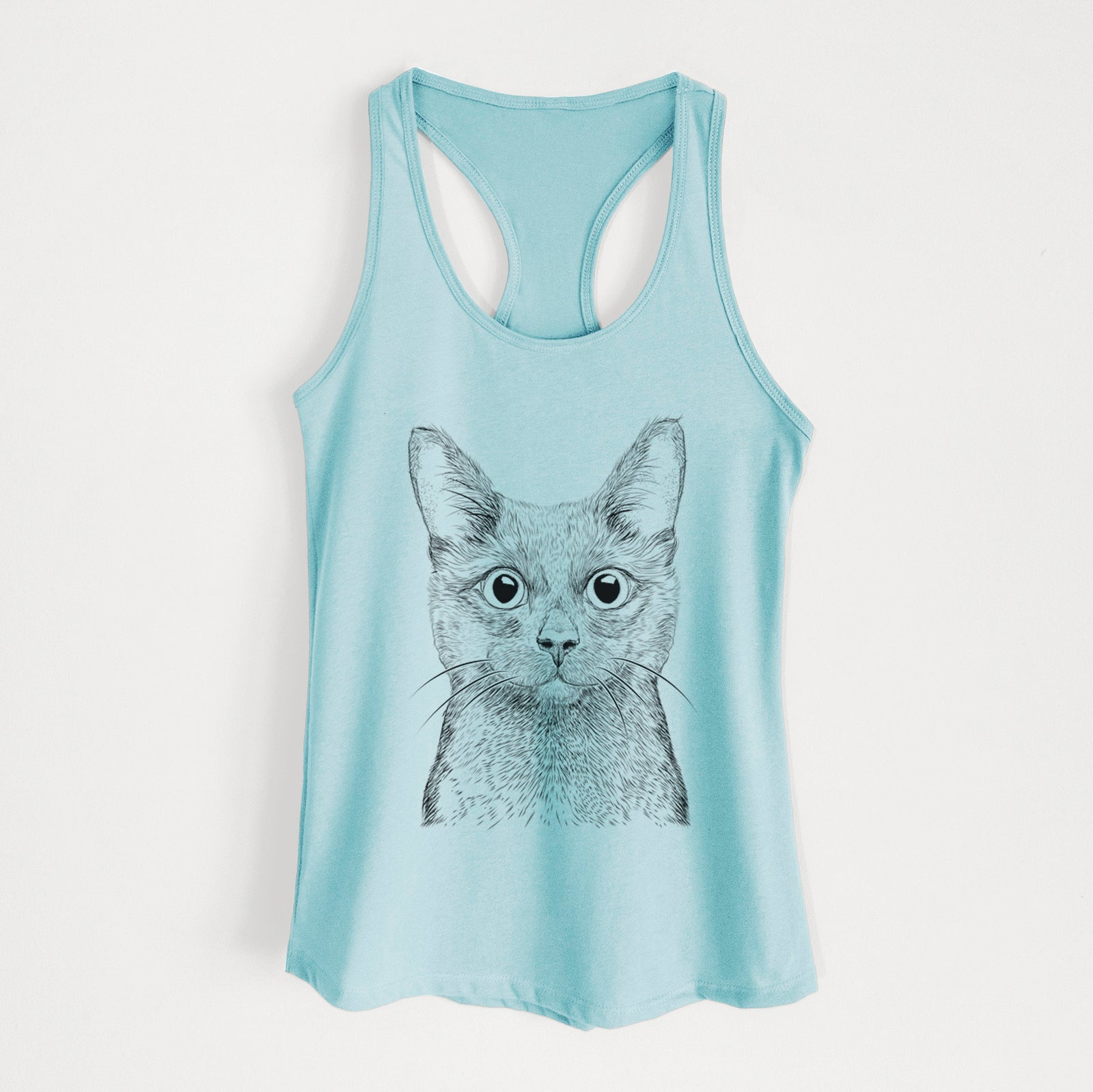 Hand-drawn sketch of Shadow the Black Cat on a Cancun Blue Women's racerback tanktop