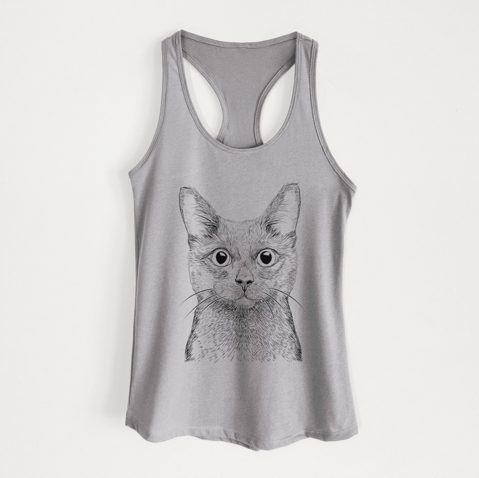 Hand-drawn sketch of Shadow the Black Cat on a Heather Grey Women's racerback tanktop