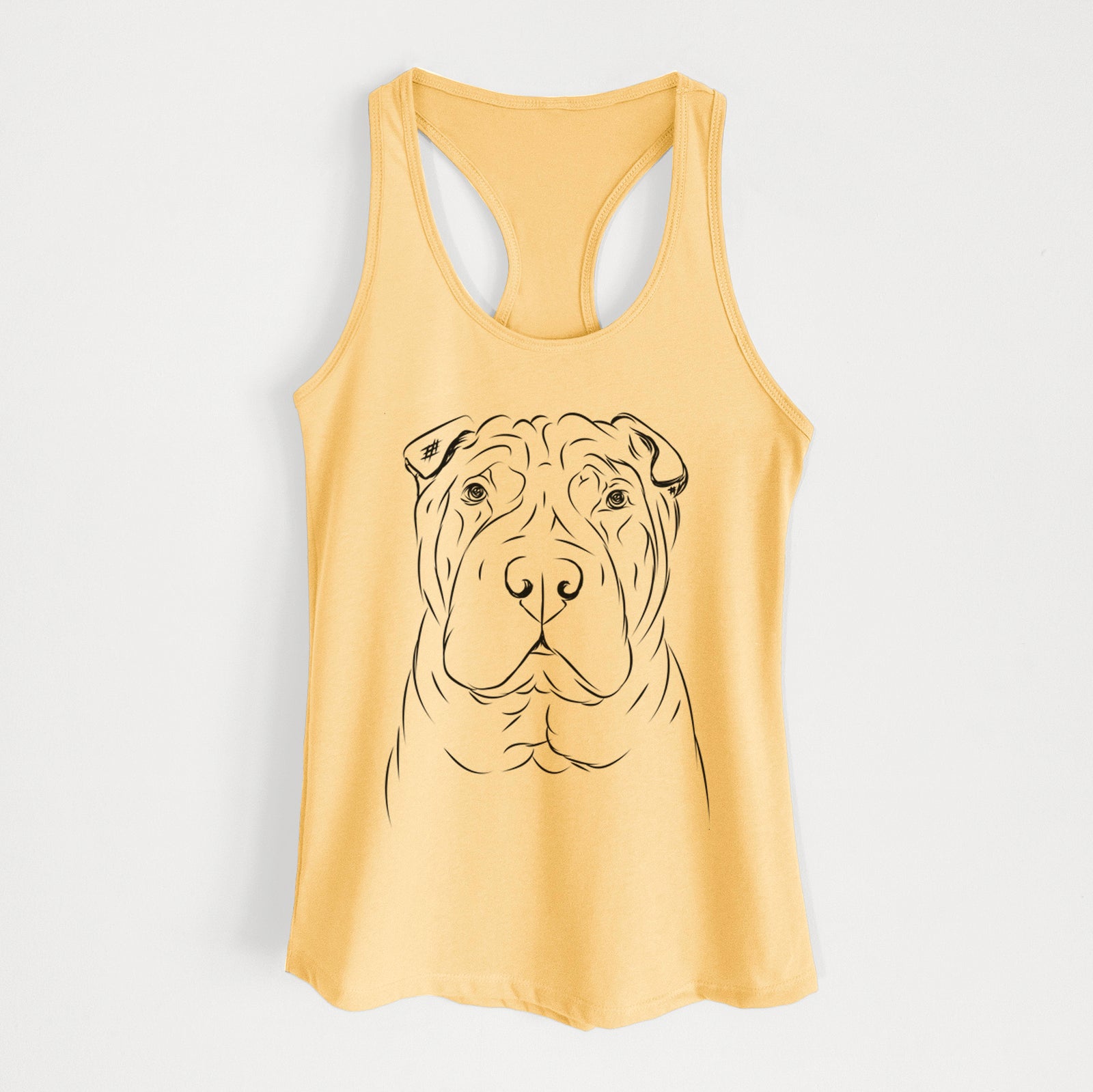 Hand-drawn sketch of Sharpy the Shar Pei on a Banana Cream Women's racerback tanktop