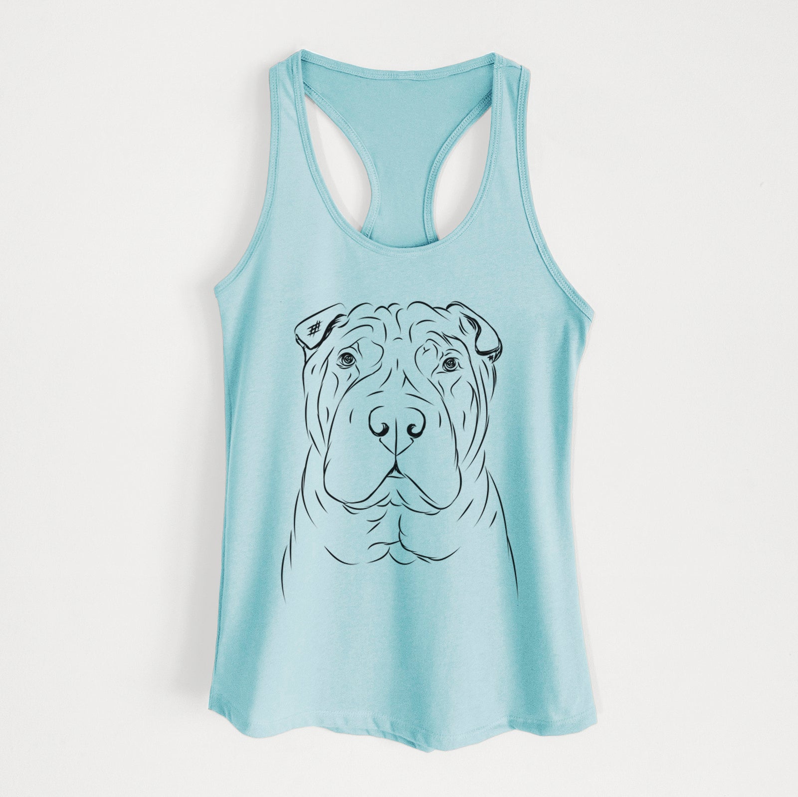 Hand-drawn sketch of Sharpy the Shar Pei on a Cancun Blue Women's racerback tanktop