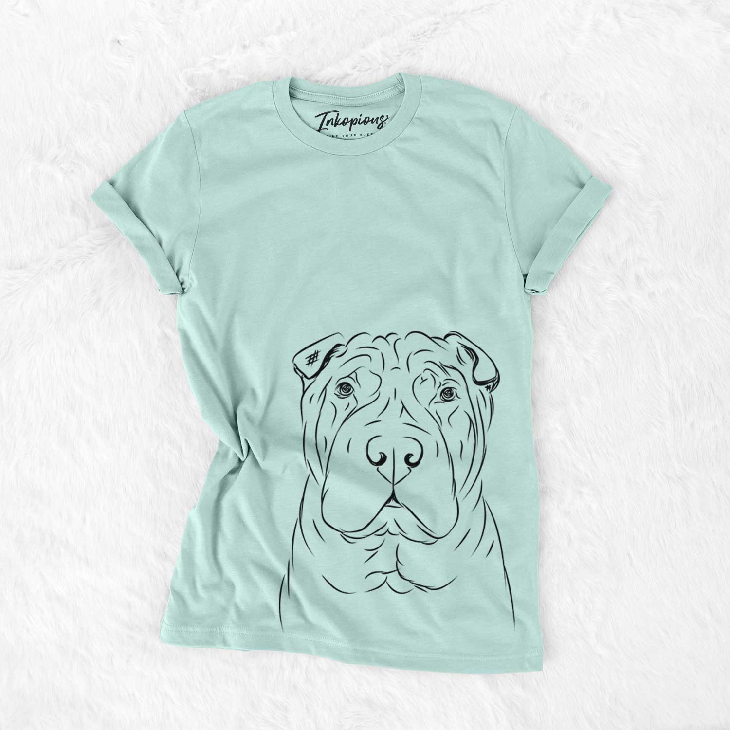 Hand-drawn sketch of Sharpy the Shar Pei on a Heather Sage Bella Canvas Unisex Crewneck