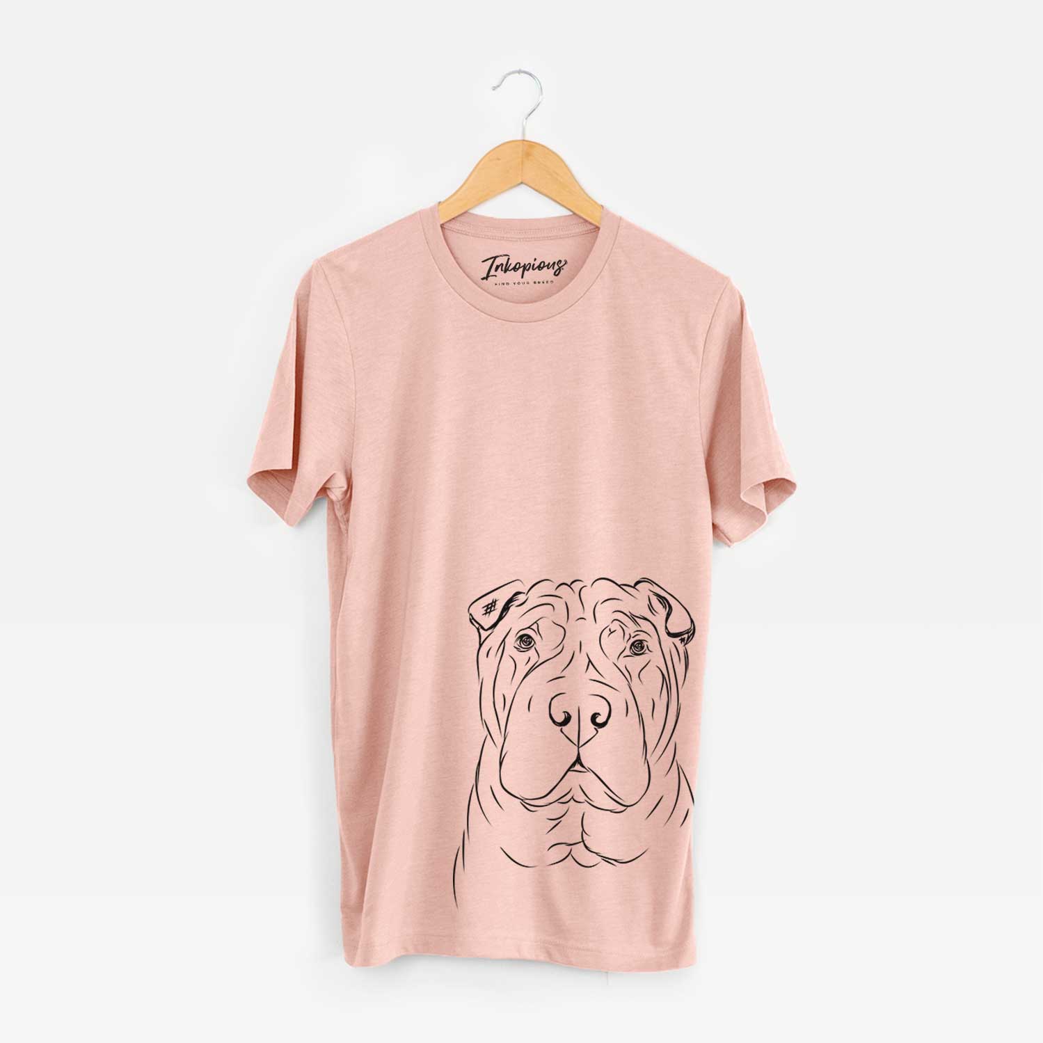 Hand-drawn sketch of Sharpy the Shar Pei on a Peach Bella Canvas Unisex Crewneck
