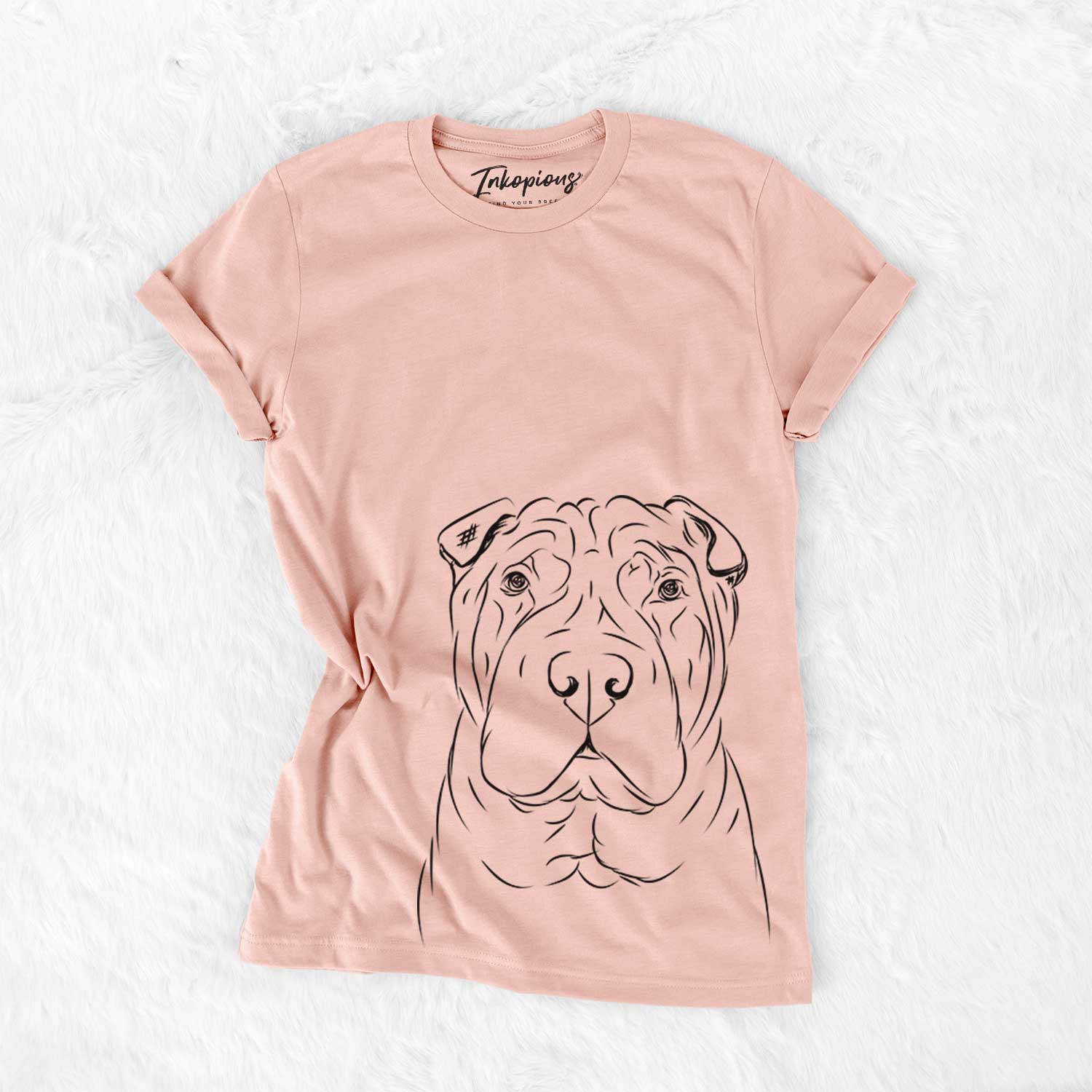 Hand-drawn sketch of Sharpy the Shar Pei on a Peach Bella Canvas Unisex Crewneck