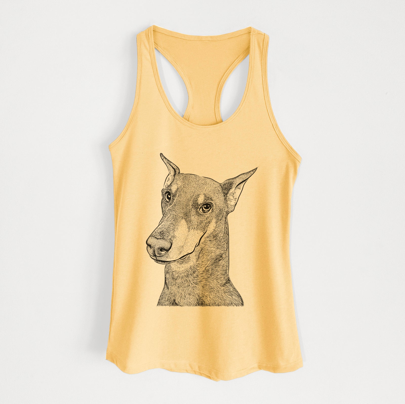 Hand-drawn sketch of Shelby the Doberman Pinscher on a Banana Cream Women's racerback tanktop