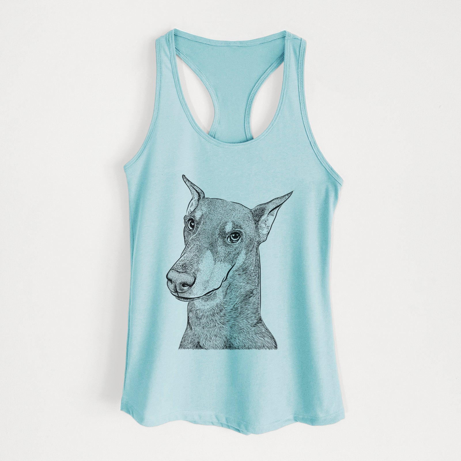 Hand-drawn sketch of Shelby the Doberman Pinscher on a Cancun Blue Women's racerback tanktop