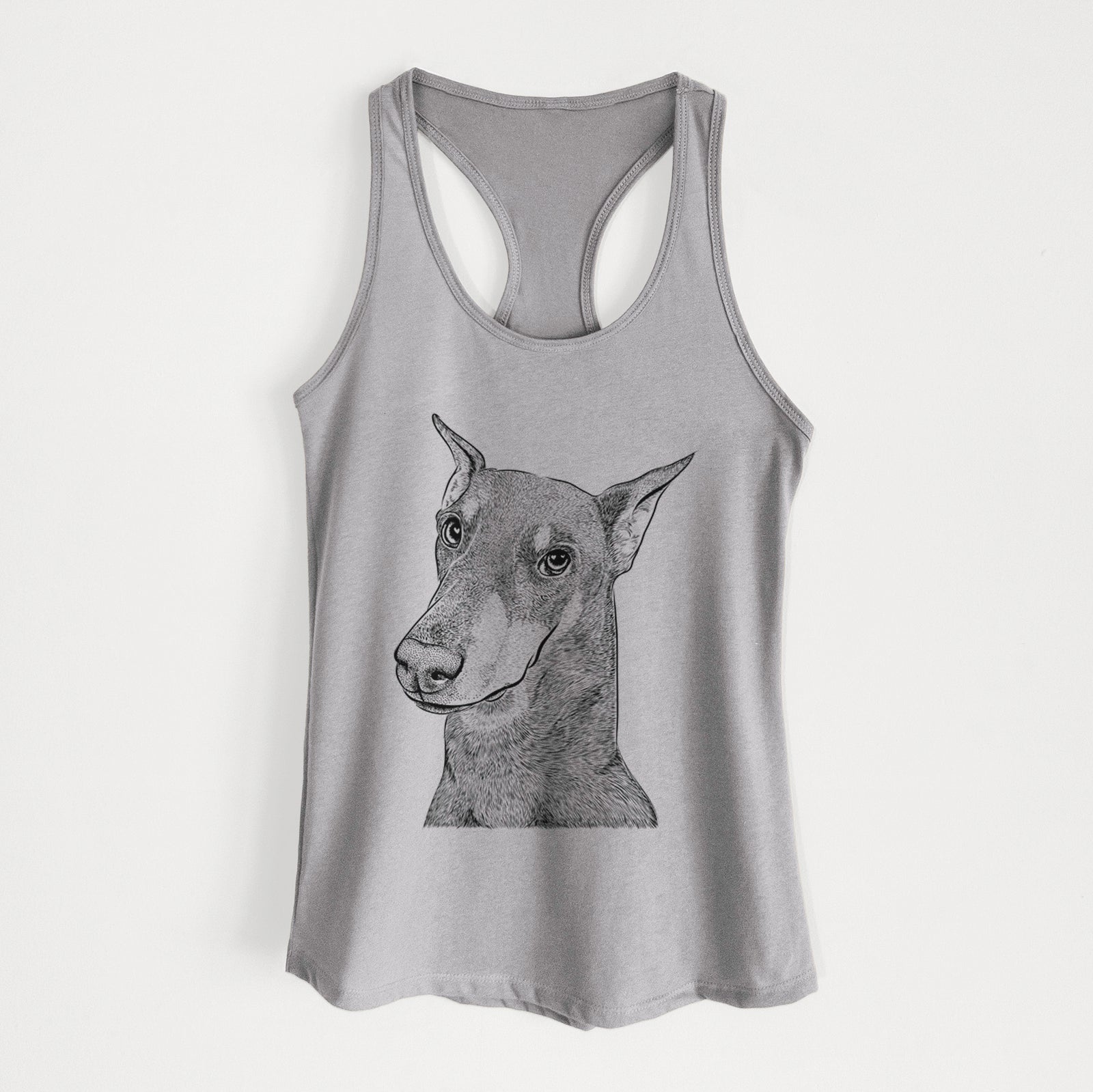 Hand-drawn sketch of Shelby the Doberman Pinscher on a Heather Grey Women's racerback tanktop