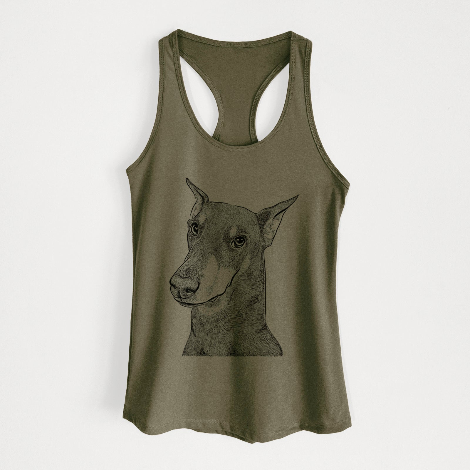 Hand-drawn sketch of Shelby the Doberman Pinscher on a Military Green Women's racerback tanktop