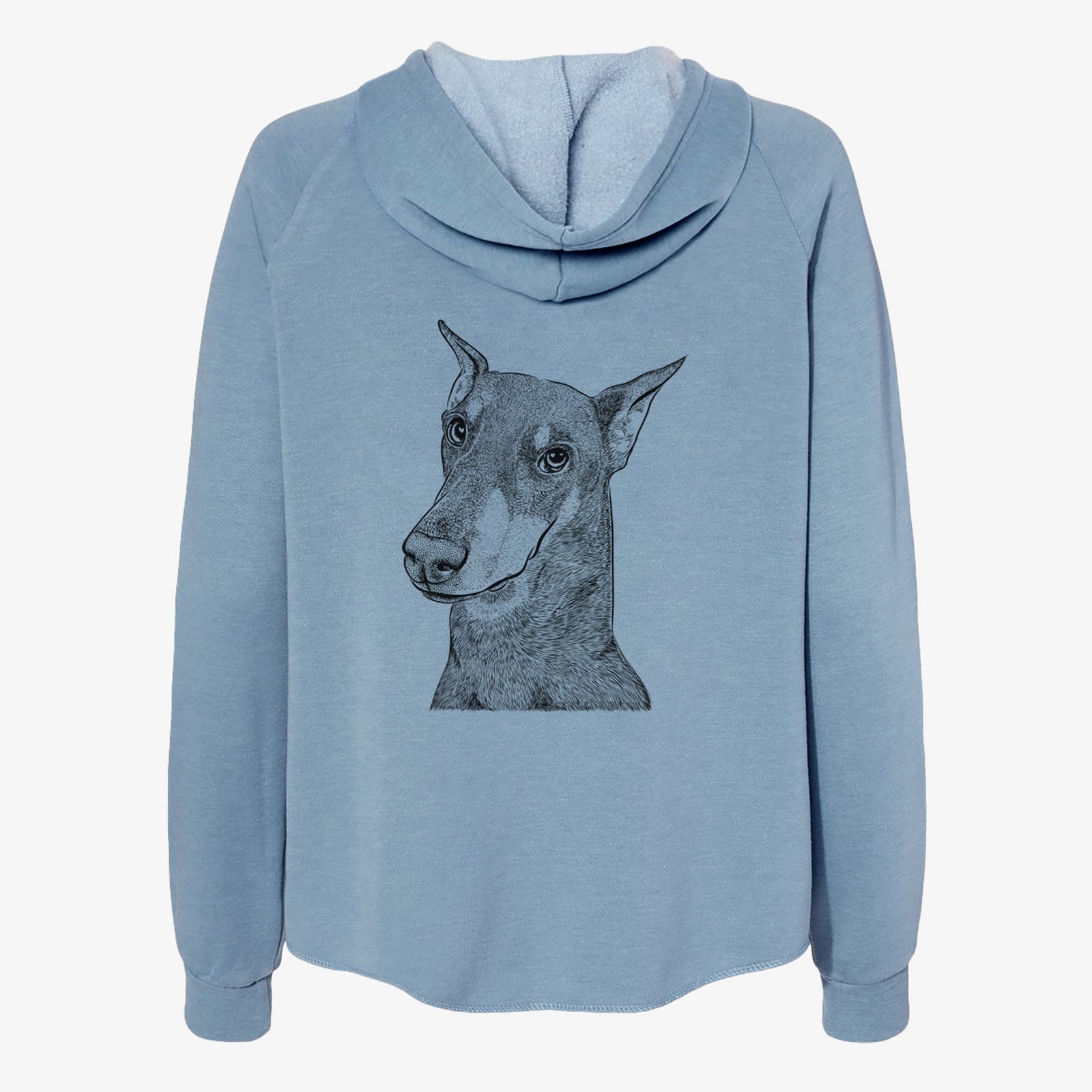 Hand-drawn sketch of Shelby the Doberman Pinscher on a Misty Blue Women's cali wave zip-up sweatshirt