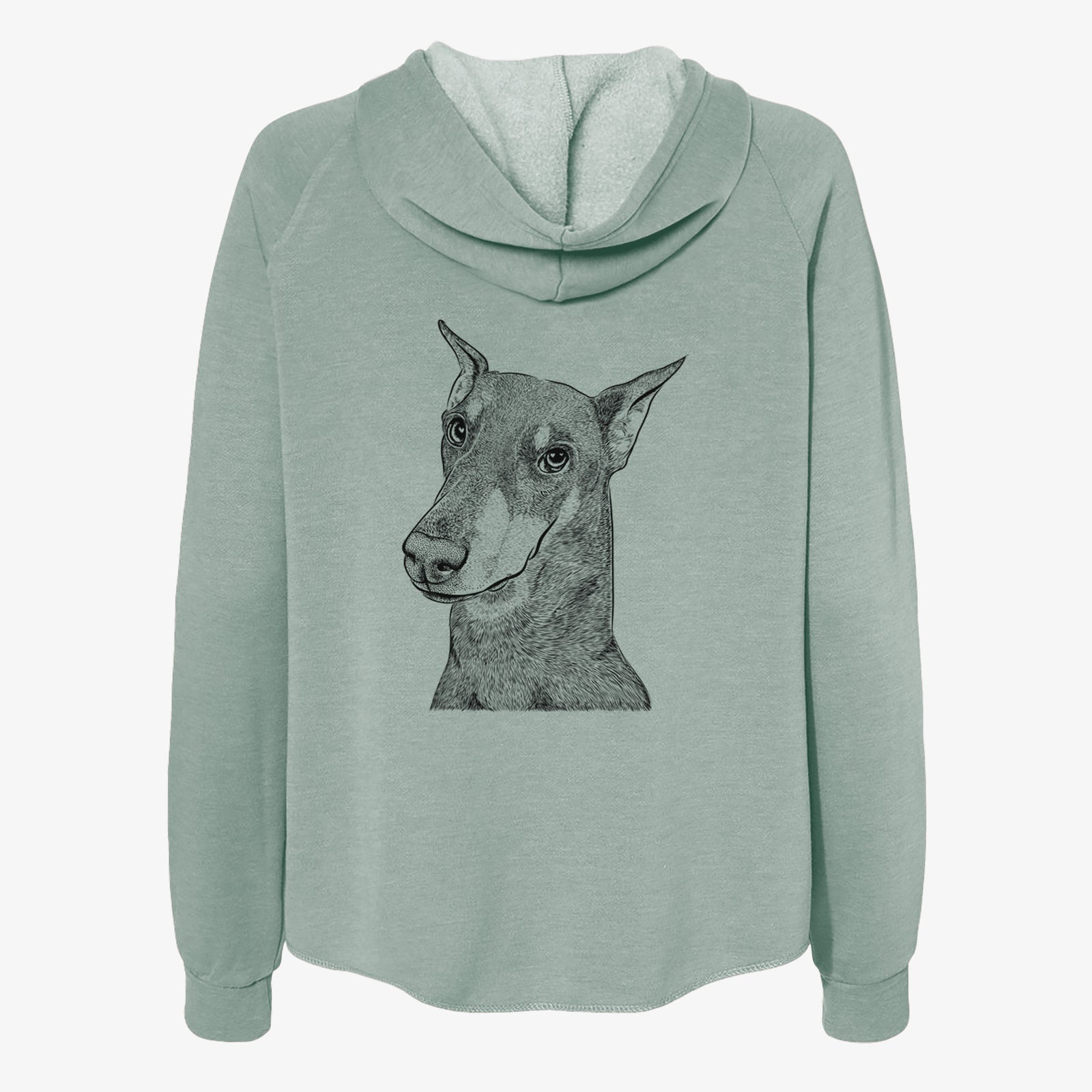 Hand-drawn sketch of Shelby the Doberman Pinscher on a Sage Women's cali wave zip-up sweatshirt