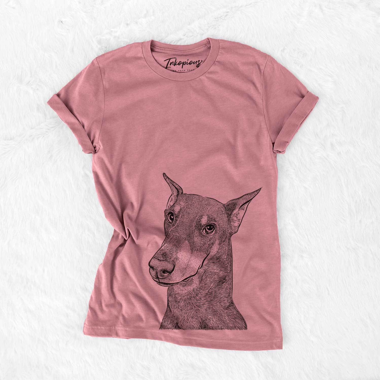 Hand-drawn sketch of Shelby the Doberman Pinscher on a Mauve Bella Canvas Unisex Crewneck