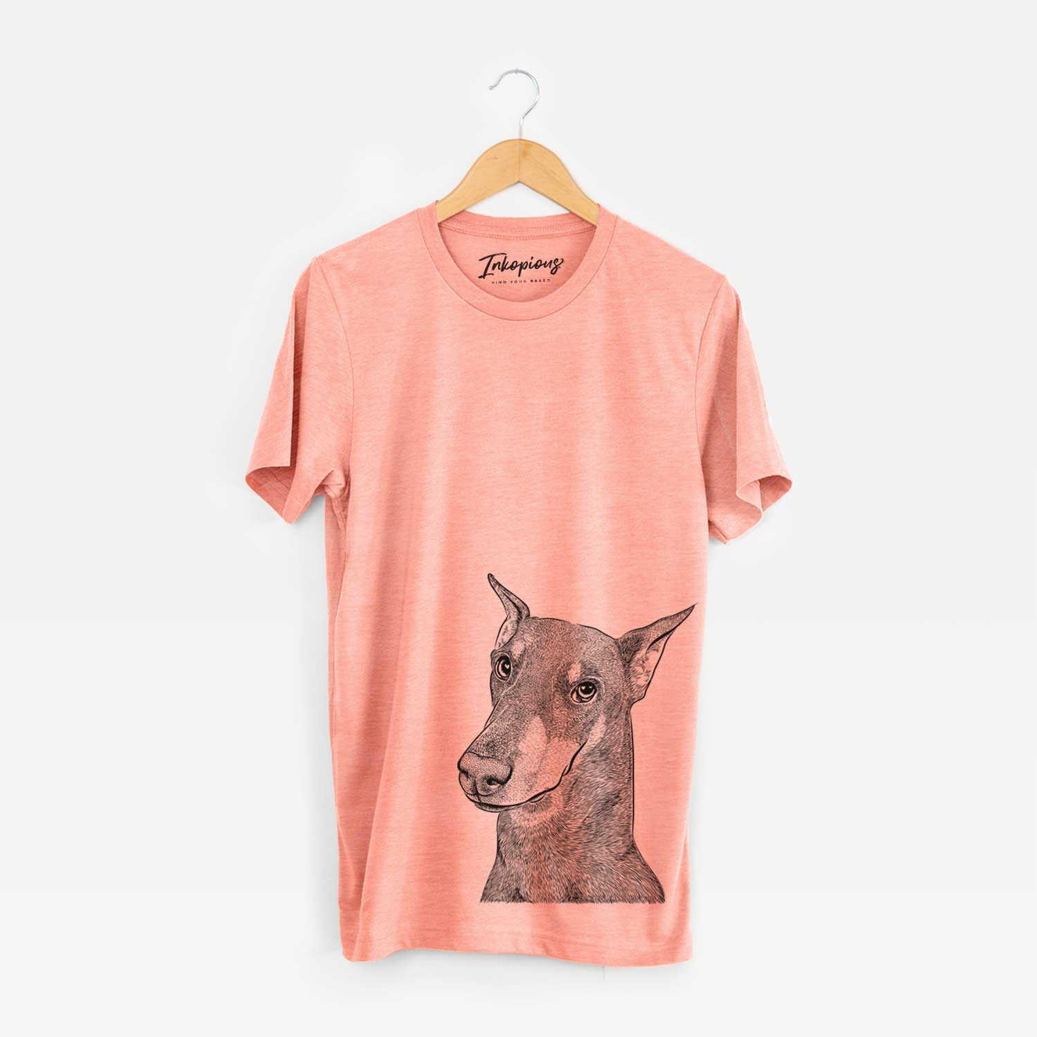 Hand-drawn sketch of Shelby the Doberman Pinscher on a Sunset Bella Canvas Unisex Crewneck
