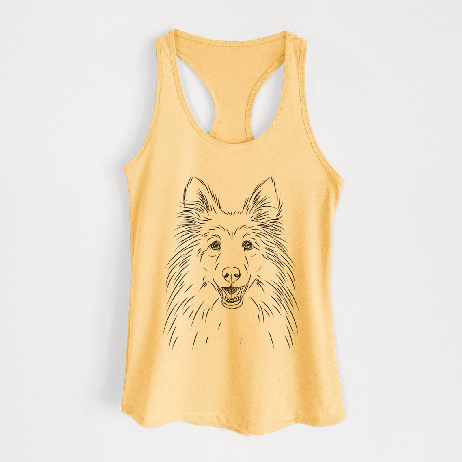 Hand-drawn sketch of Sheldon the Shetland Sheepdog on a Banana Cream Women's racerback tanktop