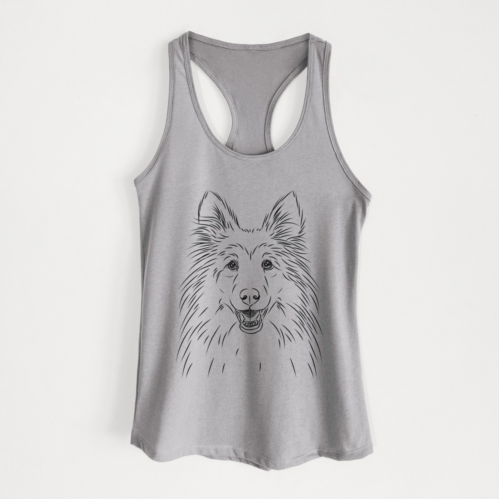 Hand-drawn sketch of Sheldon the Shetland Sheepdog on a Heather Grey Women's racerback tanktop