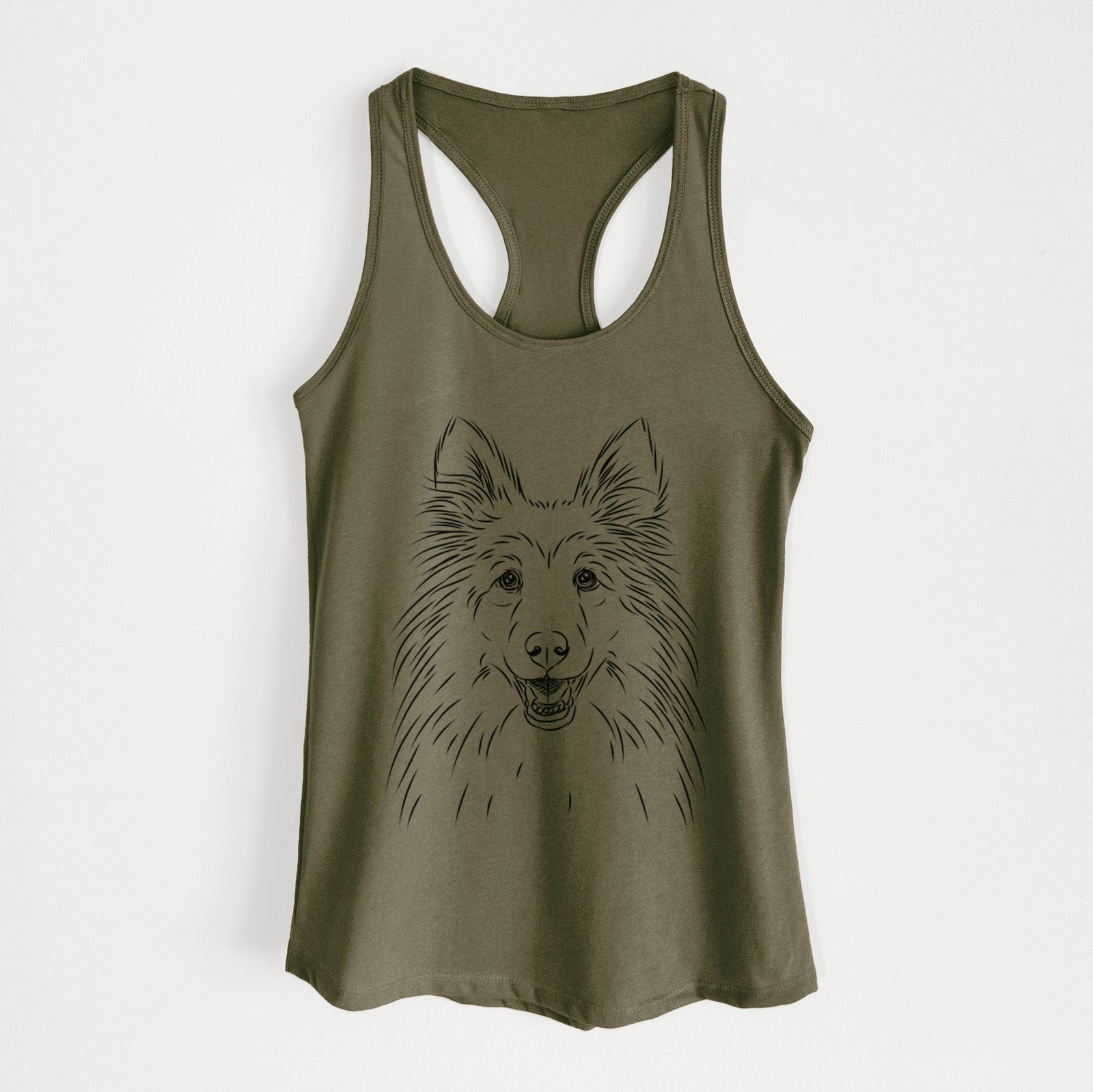 Hand-drawn sketch of Sheldon the Shetland Sheepdog on a Military Green Women's racerback tanktop