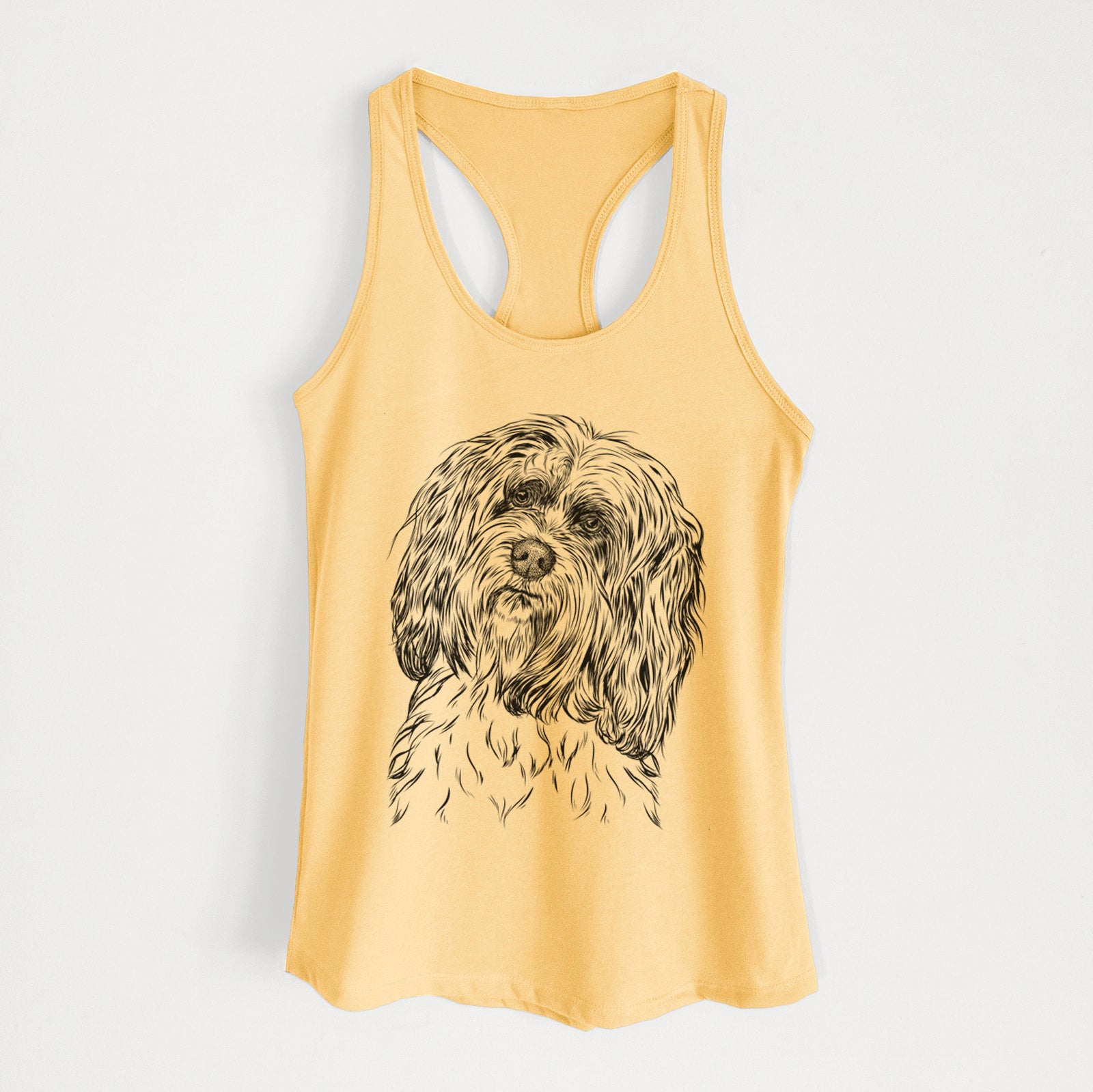 Hand-drawn sketch of Shenpa the Tibetan Terrier on a Banana Cream Women's racerback tanktop
