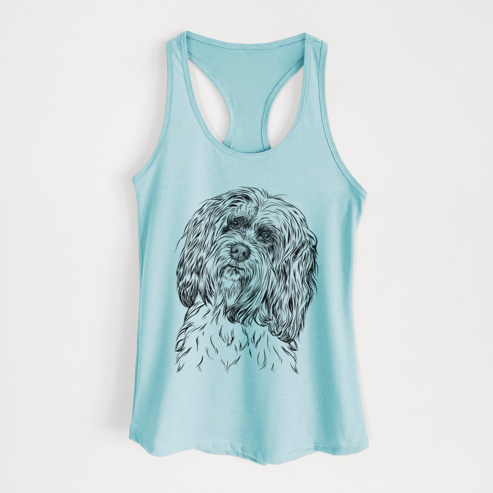 Hand-drawn sketch of Shenpa the Tibetan Terrier on a Cancun Blue Women's racerback tanktop