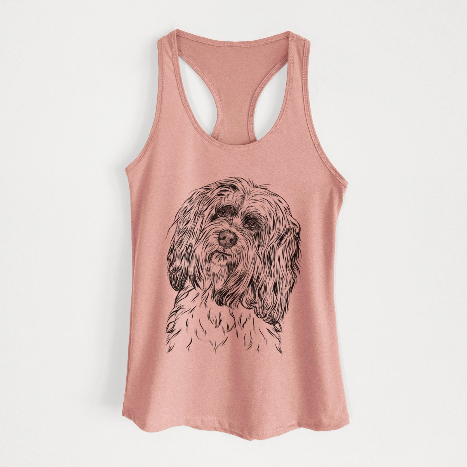 Hand-drawn sketch of Shenpa the Tibetan Terrier on a Desert Pink Women's racerback tanktop