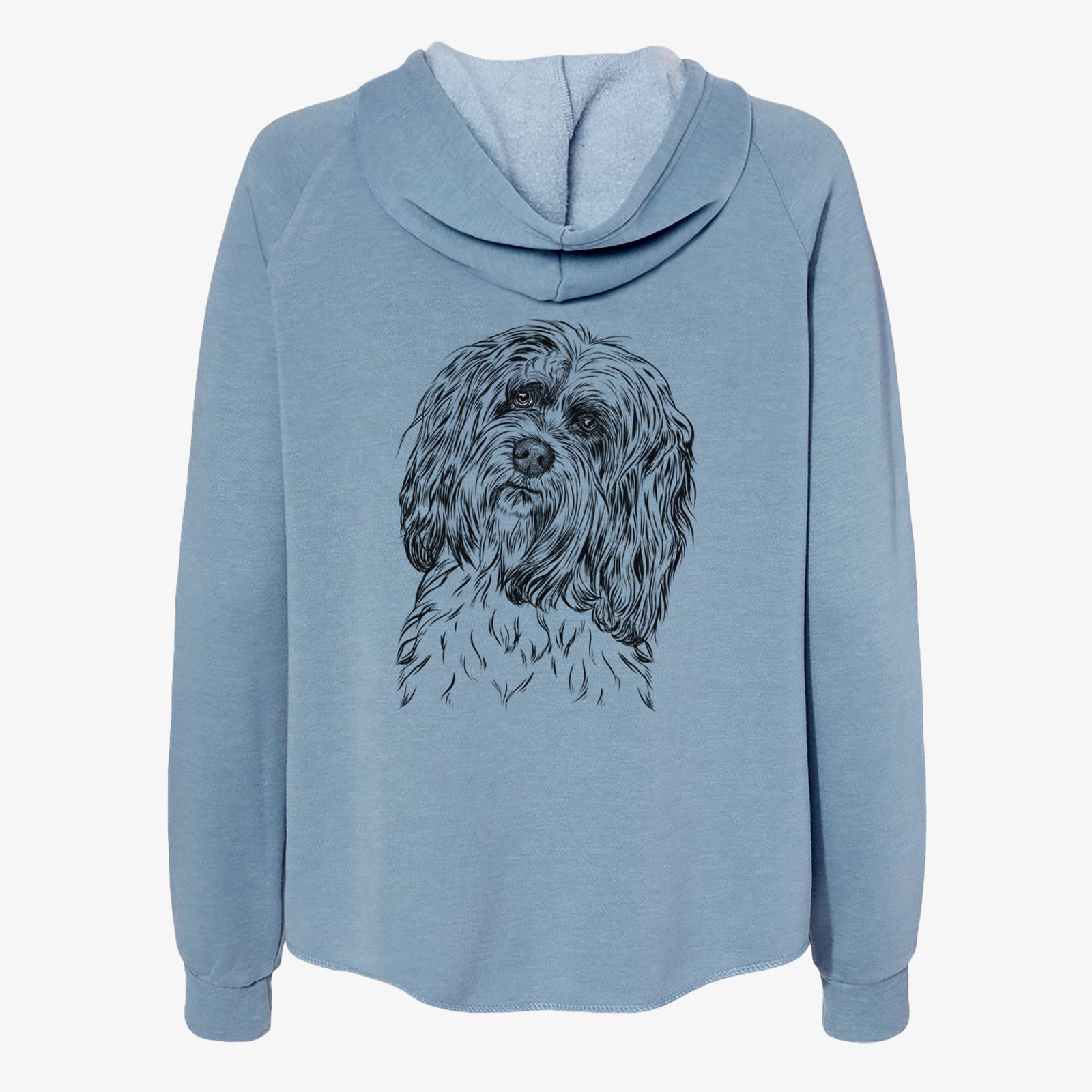 Hand-drawn sketch of Shenpa the Tibetan Terrier on a Misty Blue Women's cali wave zip-up sweatshirt