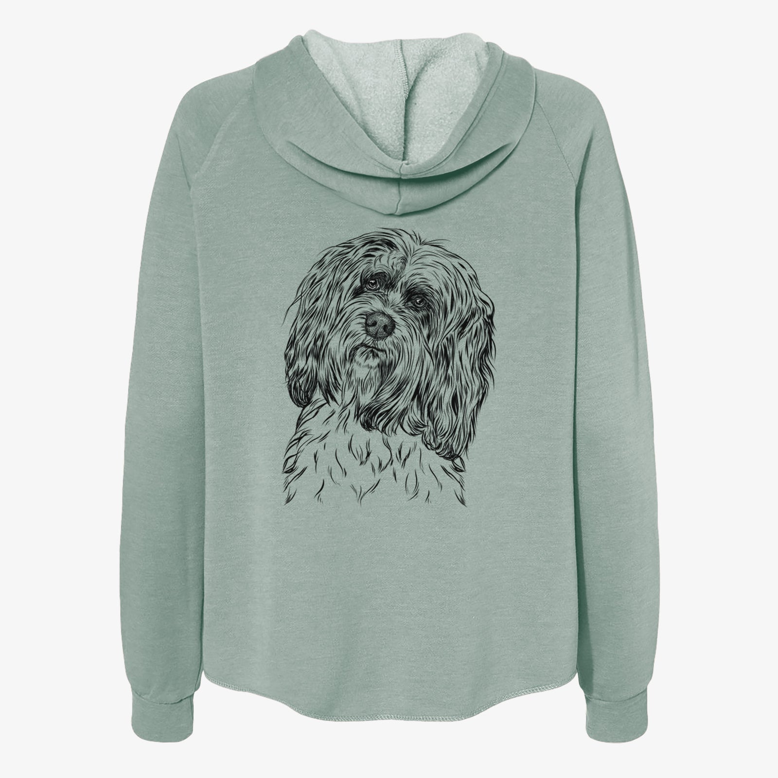 Hand-drawn sketch of Shenpa the Tibetan Terrier on a Sage Women's cali wave zip-up sweatshirt